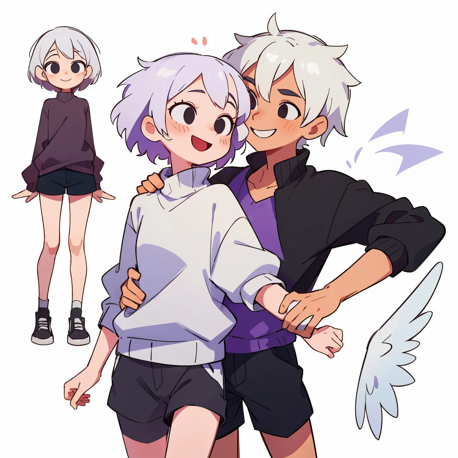 (1 person) A non-binary person with angel dust style white hair, with one red and one purple eye, smiling, wearing black shorts and a white sweater with black eyes covering it in a character sheet, sexual