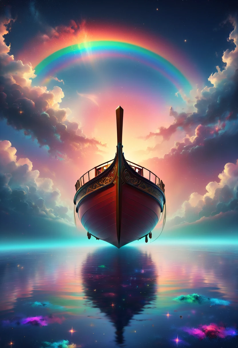 A realistic photo of ((a boat floating on top of a body of water under a sky filled with stars, trending on cgsociety, fantasy art, colorful sunset, stars are hidden in the eyes, fantasy. gondola boat, gazing off into the horizon, stars and paisley filled sky, sunny rainbow galaxy stormy sea, wanderer, starry sky)), photo is taken with a Canon EOS R5 and a Canon RF 100-500mm f/4.5-7.1L IS USM lens, ultra high quality, ultra high detailed, Stained Glass, snowflake textured Glas, colored glass pieces, product scene, translucent, transparent, glass orb, black haze, blue haze, red haze, paths, patched planet, stars, saturn planet, snow, earth planet, (best quality, masterpiece, Representative work, official art, Professional, Ultra high detail, 8k)