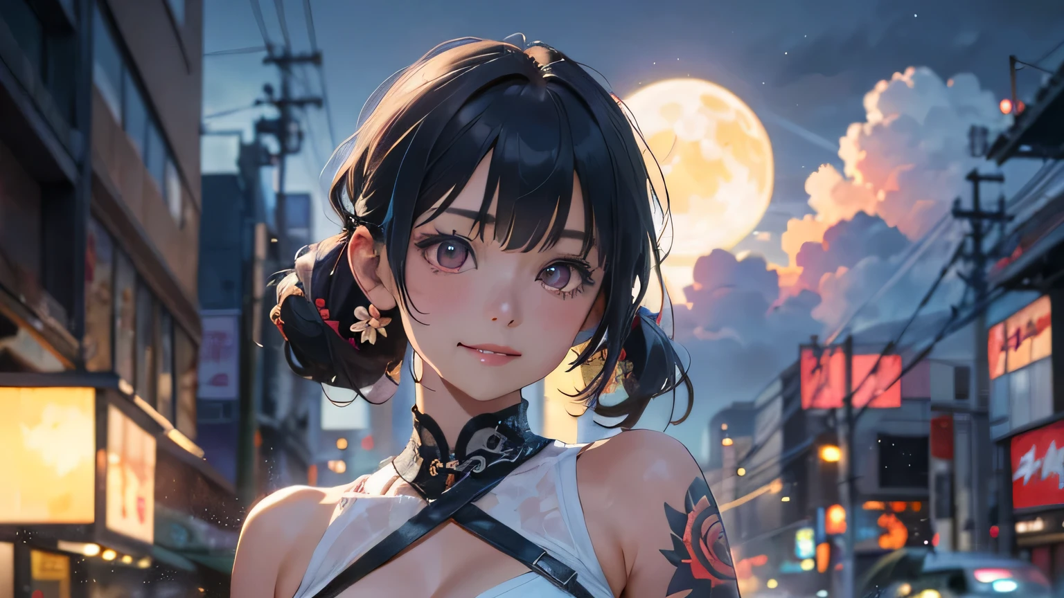 a 20 yo woman、Blackberry Hair、long twintail、Big smile、cleavage of the breast、Thighs at a glance、fishnet tights、Long cheongsam with long purple ankles on open chest、(hi-top fade:1.3)、dark themed、Muted Tones、Subdued Color、highly contrast、(natural skin textures、Hyper-Realism、Soft light、sharp) (masutepiece, of the highest quality, Best Quality, Official art, Beautiful and aesthetic: 1.2), (1girl in: 1.3), Very detailed, (Fractal Art: 1.1), (Color: 1.1) (Flowers: 1.3), (By Yuko Higuchi:1.4), Yuko Higuchi,(posted by Yow:1.2),(linear art),Line drawing,Pen drawing,Zentangle,(Tattoo patterns:1.2),(complex lines),(masutepiece),(Best Quality:1.1), (Ultra-detailed),Best Illustration,finely detail,hand-drawn high quality,High contrast,(Clean lines:1.3),ligne claire,(Portrait),(very closeup:1.1),1 girl,Solo,The girl is wrapped in snow,(Intricate details:1.3),(Detailed background:1.2),(coloured background:1.1),sketch,Intricate details,High resolution，a moon，top-quality、8K、hight resolution、​masterpiece、(portlate:0.6)、A dark-haired、Middle hair、(grinning evily:1.3)、(Look at viewers:1.3)、(bokeh dof)、18year old、8K, masutepiece, (Photorealistic:1.5), Artistic portrait from behind ((Yakuza Girls) Wearing yellow tight crop top leather suit), back tattoo, Revealing the tattoo on the back, (Dragon tattoo), Bare shoulders, huge-breasted,  Beautiful skin, Slim Fit Body, Cute face, nice appearance, look at viewr, bluehair in a bun with bangs, Foggy, Daylight, skyscapers, Clouds, Cozy and cool atmosphere, Dynamic lighting, natural, artistic，18-year-old girl Wahori skin, Yakuza, Japan Mafia, Background of Tokyo future cyberpunk District, Realistic, Photoreal, masutepiece, Best Quality, Movie photo of a Japan cartel gang with tattoos, epic lighting, Yakuza tattoos on Japan, japanese art on behance, Japan culture, Sexy, Exotic, Erotic，Tattoo of butterflies and flowers on the upper body，Tattoo of a huge number of flowers on the arm、