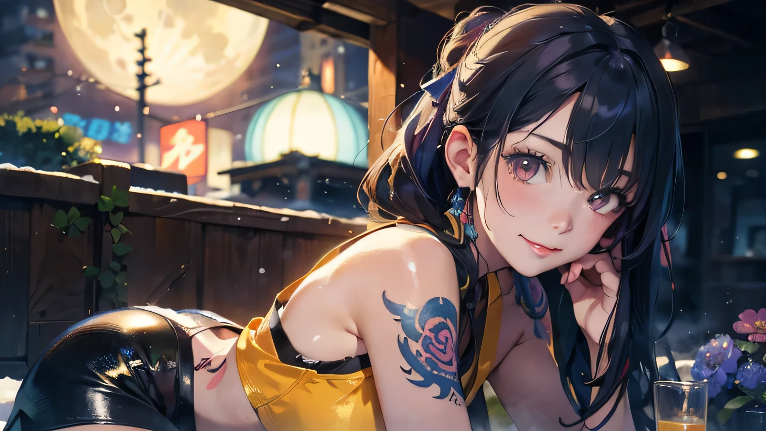 a 20 yo woman、Blackberry Hair、long twintail、Big smile、cleavage of the breast、Thighs at a glance、fishnet tights、Long cheongsam with long purple ankles on open chest、(hi-top fade:1.3)、dark themed、Muted Tones、Subdued Color、highly contrast、(natural skin textures、Hyper-Realism、Soft light、sharp) (masutepiece, of the highest quality, Best Quality, Official art, Beautiful and aesthetic: 1.2), (1girl in: 1.3), Very detailed, (Fractal Art: 1.1), (Color: 1.1) (Flowers: 1.3), (By Yuko Higuchi:1.4), Yuko Higuchi,(posted by Yow:1.2),(linear art),Line drawing,Pen drawing,Zentangle,(Tattoo patterns:1.2),(complex lines),(masutepiece),(Best Quality:1.1), (Ultra-detailed),Best Illustration,finely detail,hand-drawn high quality,High contrast,(Clean lines:1.3),ligne claire,(Portrait),(very closeup:1.1),1 girl,Solo,The girl is wrapped in snow,(Intricate details:1.3),(Detailed background:1.2),(coloured background:1.1),sketch,Intricate details,High resolution，a moon，top-quality、8K、hight resolution、​masterpiece、(portlate:0.6)、A dark-haired、Middle hair、(grinning evily:1.3)、(Look at viewers:1.3)、(bokeh dof)、18year old、8K, masutepiece, (Photorealistic:1.5), Artistic portrait from behind ((Yakuza Girls) Wearing ((yellow tight crop top leather suit))), back tattoo, Revealing the tattoo on the back, (Dragon tattoo), Bare shoulders, huge-breasted,  Beautiful skin, Slim Fit Body, Cute face, nice appearance, look at viewr, bluehair in a bun with bangs, Foggy, Daylight, skyscapers, Clouds, Cozy and cool atmosphere, Dynamic lighting, natural, artistic，18-year-old girl Wahori skin, Yakuza, Japan Mafia, Background of Tokyo future cyberpunk District, Realistic, Photoreal, masutepiece, Best Quality, Movie photo of a Japan cartel gang with tattoos, epic lighting, Yakuza tattoos on Japan, japanese art on behance, Japan culture, Sexy, Exotic, Erotic，Tattoo of butterflies and flowers on the upper body，Tattoo of a huge number of flowers on the arm、