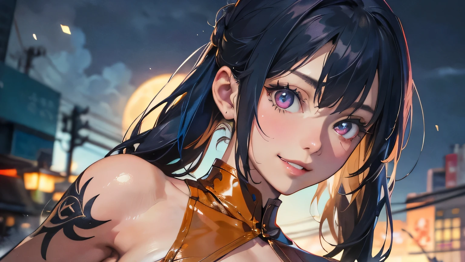a 20 yo woman、Blackberry Hair、long twintail、Big smile、cleavage of the breast、Thighs at a glance、fishnet tights、Long cheongsam with long purple ankles on open chest、(hi-top fade:1.3)、dark themed、Muted Tones、Subdued Color、highly contrast、(natural skin textures、Hyper-Realism、Soft light、sharp) (masutepiece, of the highest quality, Best Quality, Official art, Beautiful and aesthetic: 1.2), (1girl in: 1.3), Very detailed, (Fractal Art: 1.1), (Color: 1.1) (Flowers: 1.3), (By Yuko Higuchi:1.4), Yuko Higuchi,(posted by Yow:1.2),(linear art),Line drawing,Pen drawing,Zentangle,(Tattoo patterns:1.2),(complex lines),(masutepiece),(Best Quality:1.1), (Ultra-detailed),Best Illustration,finely detail,hand-drawn high quality,High contrast,(Clean lines:1.3),ligne claire,(Portrait),(very closeup:1.1),1 girl,Solo,The girl is wrapped in snow,(Intricate details:1.3),(Detailed background:1.2),(coloured background:1.1),sketch,Intricate details,High resolution，a moon，top-quality、8K、hight resolution、​masterpiece、(portlate:0.6)、A dark-haired、Middle hair、(grinning evily:1.3)、(Look at viewers:1.3)、(bokeh dof)、18year old、8K, masutepiece, (Photorealistic:1.5), Artistic portrait from behind ((Yakuza Girls) Wearing ((yellow tight crop top leather suit))), back tattoo, Revealing the tattoo on the back, (Dragon tattoo), Bare shoulders, huge-breasted,  Beautiful skin, Slim Fit Body, Cute face, nice appearance, look at viewr, bluehair in a bun with bangs, Foggy, Daylight, skyscapers, Clouds, Cozy and cool atmosphere, Dynamic lighting, natural, artistic，18-year-old girl Wahori skin, Yakuza, Japan Mafia, Background of Tokyo future cyberpunk District, Realistic, Photoreal, masutepiece, Best Quality, Movie photo of a Japan cartel gang with tattoos, epic lighting, Yakuza tattoos on Japan, japanese art on behance, Japan culture, Sexy, Exotic, Erotic，Tattoo of butterflies and flowers on the upper body，Tattoo of a huge number of flowers on the arm、