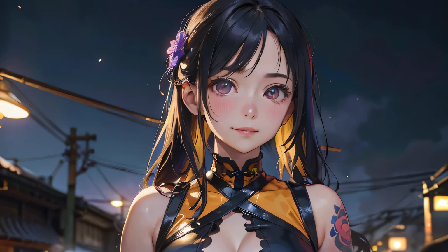 a 20 yo woman、Blackberry Hair、long twintail、Big smile、cleavage of the breast、Thighs at a glance、fishnet tights、Long cheongsam with long purple ankles on open chest、(hi-top fade:1.3)、dark themed、Muted Tones、Subdued Color、highly contrast、(natural skin textures、Hyper-Realism、Soft light、sharp) (masutepiece, of the highest quality, Best Quality, Official art, Beautiful and aesthetic: 1.2), (1girl in: 1.3), Very detailed, (Fractal Art: 1.1), (Color: 1.1) (Flowers: 1.3), (By Yuko Higuchi:1.4), Yuko Higuchi,(posted by Yow:1.2),(linear art),Line drawing,Pen drawing,Zentangle,(Tattoo patterns:1.2),(complex lines),(masutepiece),(Best Quality:1.1), (Ultra-detailed),Best Illustration,finely detail,hand-drawn high quality,High contrast,(Clean lines:1.3),ligne claire,(Portrait),(very closeup:1.1),1 girl,Solo,The girl is wrapped in snow,(Intricate details:1.3),(Detailed background:1.2),(coloured background:1.1),sketch,Intricate details,High resolution，a moon，top-quality、8K、hight resolution、​masterpiece、(portlate:0.6)、A dark-haired、Middle hair、(grinning evily:1.3)、(Look at viewers:1.3)、(bokeh dof)、18year old、8K, masutepiece, (Photorealistic:1.5), Artistic portrait from behind ((Yakuza Girls) Wearing ((yellow tight crop top leather suit))), back tattoo, Revealing the tattoo on the back, (Dragon tattoo), Bare shoulders, huge-breasted,  Beautiful skin, Slim Fit Body, Cute face, nice appearance, look at viewr, bluehair in a bun with bangs, Foggy, Daylight, skyscapers, Clouds, Cozy and cool atmosphere, Dynamic lighting, natural, artistic，18-year-old girl Wahori skin, Yakuza, Japan Mafia, Background of Tokyo future cyberpunk District, Realistic, Photoreal, masutepiece, Best Quality, Movie photo of a Japan cartel gang with tattoos, epic lighting, Yakuza tattoos on Japan, japanese art on behance, Japan culture, Sexy, Exotic, Erotic，Tattoo of butterflies and flowers on the upper body，Tattoo of a huge number of flowers on the arm、