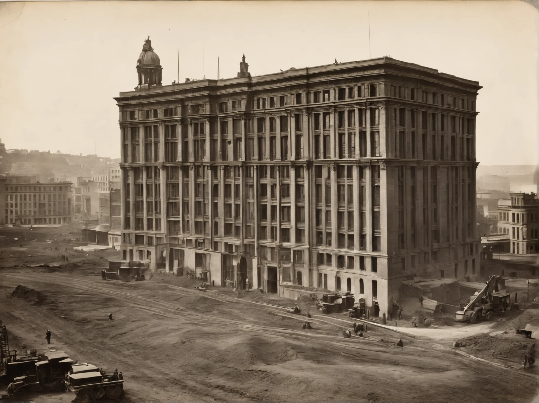 1890 vintage photo showing a cross-section of a large skyscraper with the bottom half is covered in dirt being dug out of the ground. with tiny construction equipment and crews working to uncover as much as they can. the skyscraper has an architecture that resembles roman, Russian, and Asian all together. the photograph is taken in san Francisco