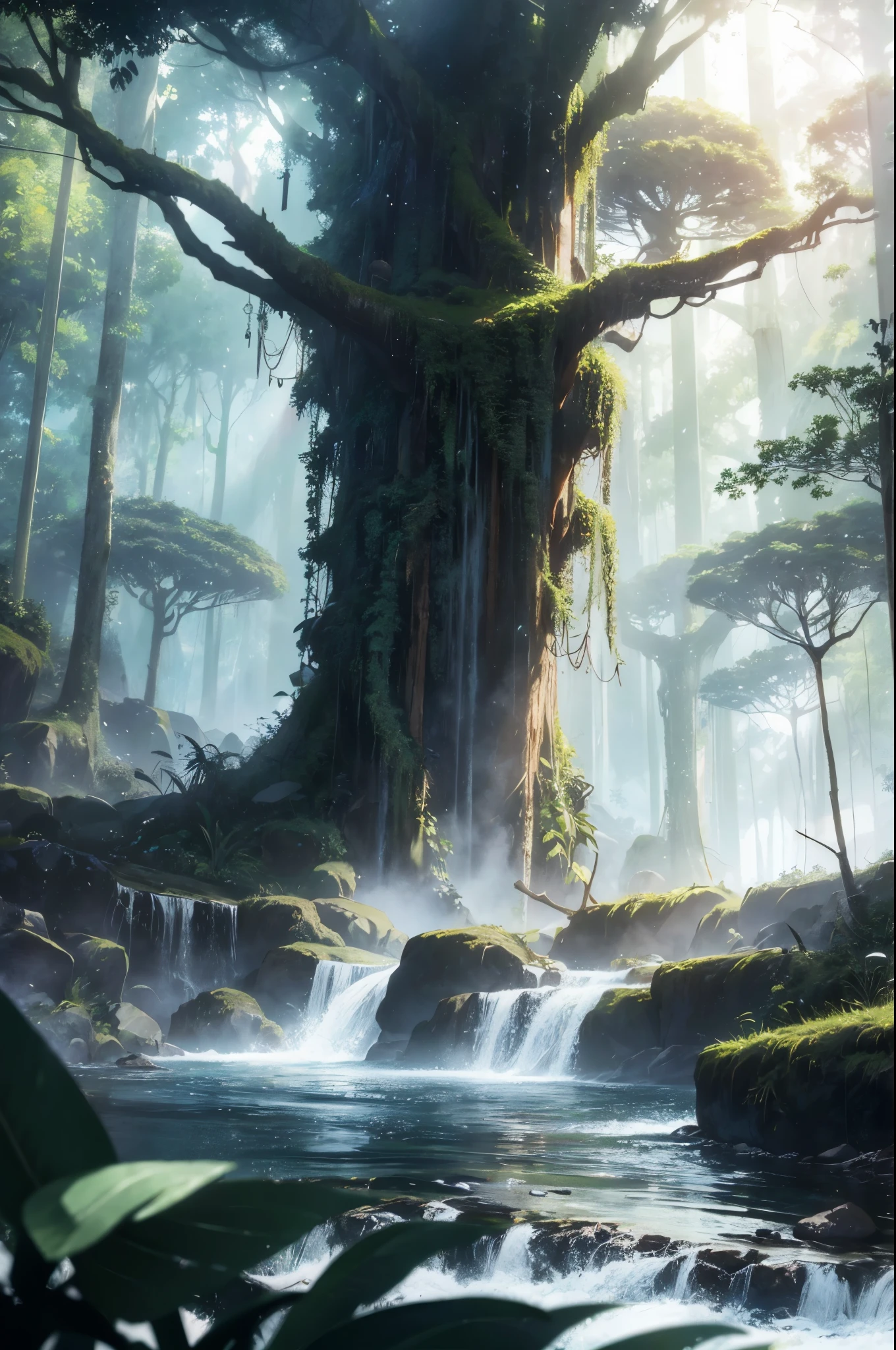 res, ultra detailed, (no human:1.3), BREAK , Create an image using a dark rainbow prism effect, with light refracting and creating ethereal cinematic appearance. BREAK , Design an image with a cinematic lens , capturing a wide field of view with a distinctive, curved perspective. BREAK , Capture a wide river,dense rainforest  , with aged thick trees, rocks, waterfall,trees with colorful flowers,dappled sunlight, and a sense of tranquility and natural beauty. BREAK , Illustrate a rainforest world, using only godray shades of nature to convey depth, emotion, and a striking visual impact  