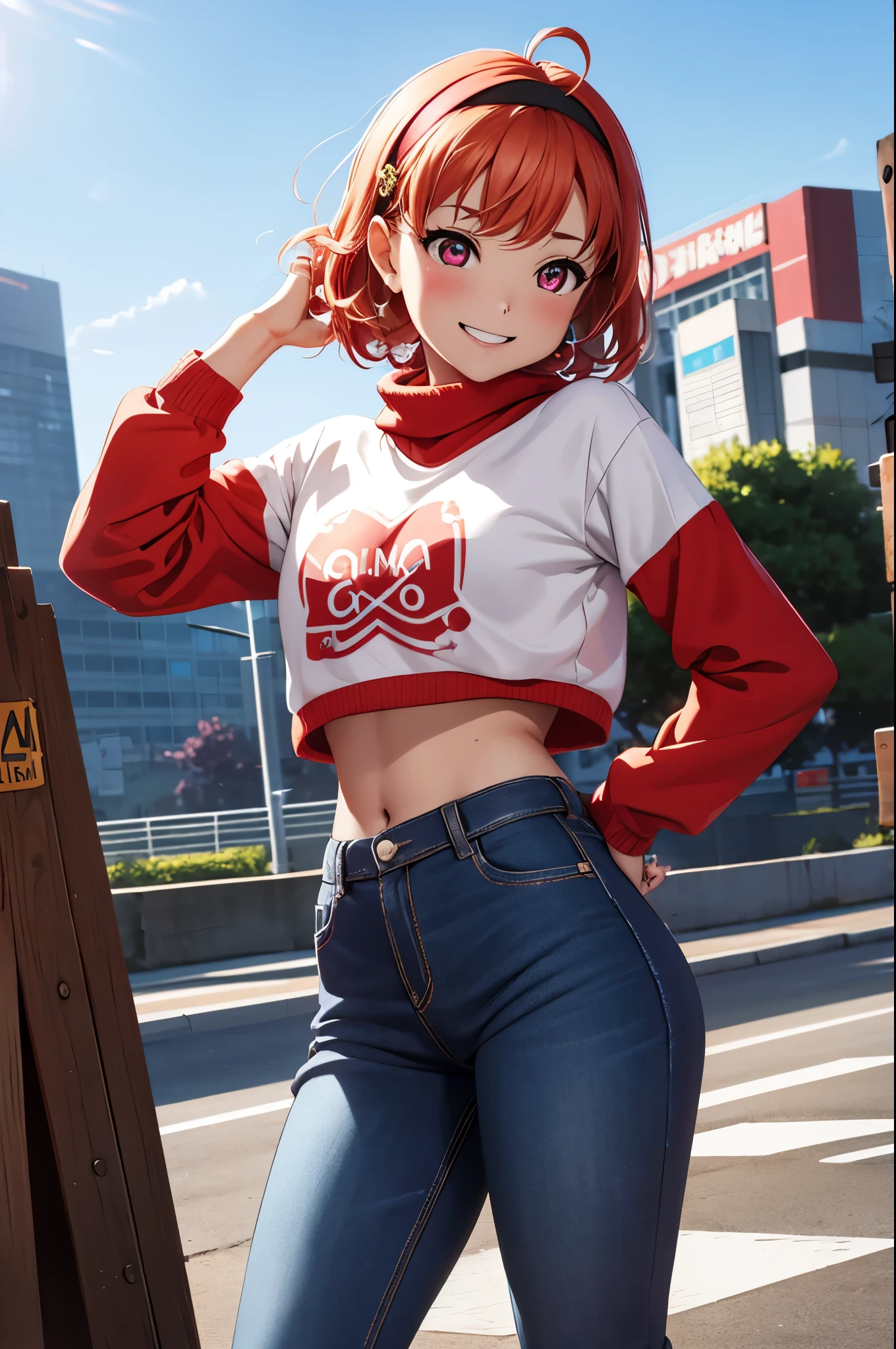 (best quality,4k,8k,highres,masterpiece:1.2), ultra-detailed,takami chika, pink eyes, red sweatshirt , midriff, red jeans pants, headband, long sleeves,black fingerless gloves, standing ,cowboy shot, hair ornamen , short hair , smile, outdoors, snowing 