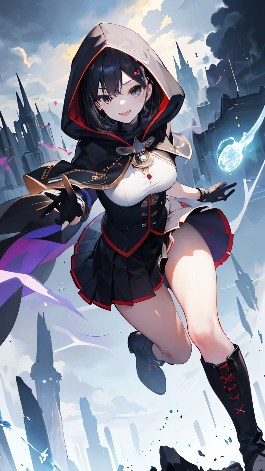 (((1girl))), ((best quality)), ((masterpiece)), ((ultra-detailed)), (illustration), (detailed light), (an extremely delicate and beautiful), (beautiful detailed eyes), (sunlight), ((extremely light)), ((extremely clothes)), (((hyper detail))),(((((front lighting))))),(((((front light))))),
((((quite adorable and Necromancer's uniform with a brief skirt and magical hood and veil)))), (((Necromancer Wizard))),
,
(((short bob))), ((((black hair)))),
(((crystal black eyes))),
((((whole body)))), aged 5 to 8, ((((())))), ((((very adorable young girl)))),
((condescending expression)), ((mischievous smile with sexual satisfaction)), (((extra adorable))), (((((extra slender shape))))),
(((((extremely beautiful detailed face))))),
(((dynamically attacking enemies by a spell of thunder cloud))), (((elegant magic boots))), (((dark clouds))),
(Dutch angle), (((elegant magic gloves))), ((transparent magical underskirt)), a little bit exposed adorable magical panties