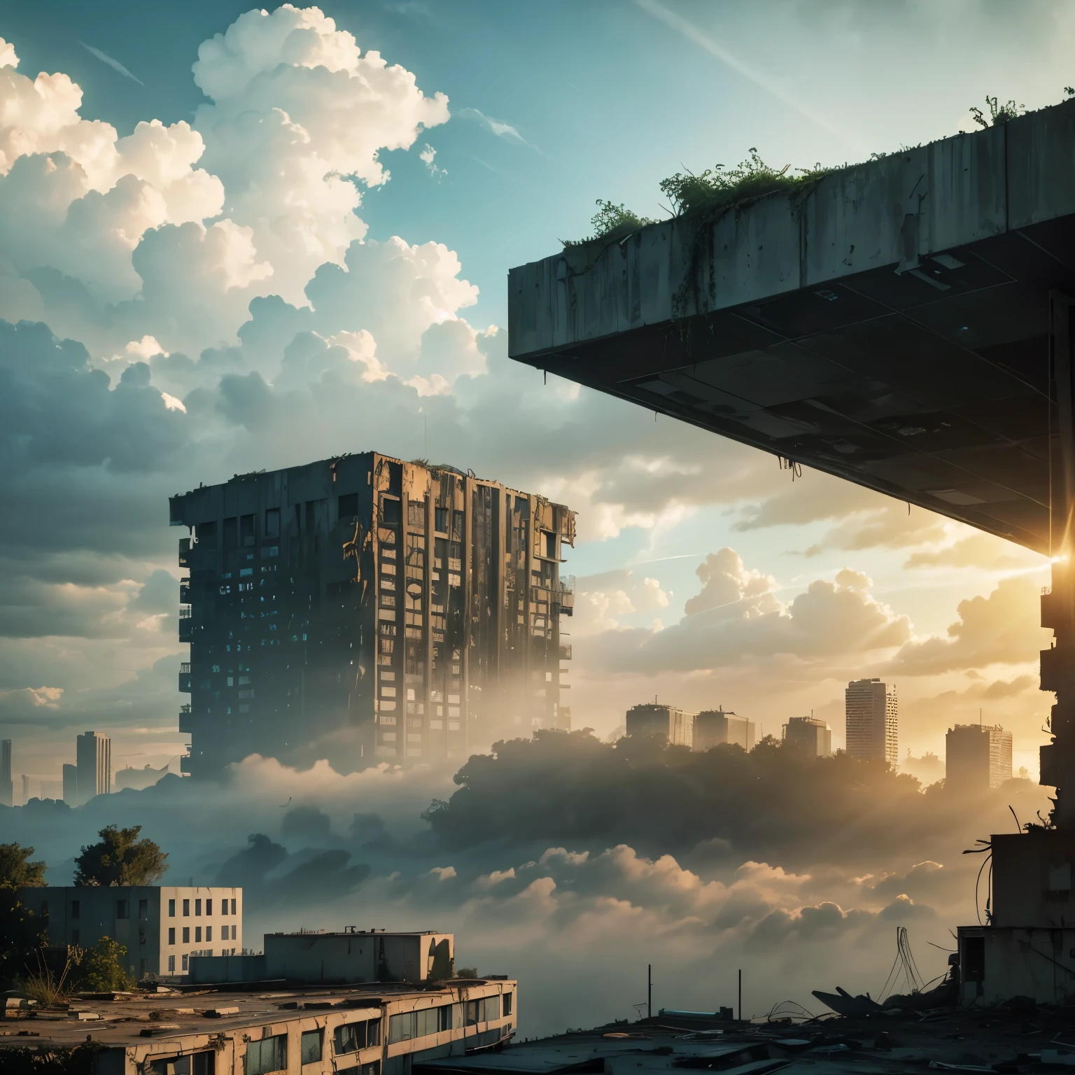 (High definition, high resolution, realistic, realistic comicbook style, post-apocalyptic film style), Abandoned buildings covered by vegetation, brutalist buildings, aereal view, ((Day, sunrays)), ((Cloudy, between mist)),nostalgic filtre