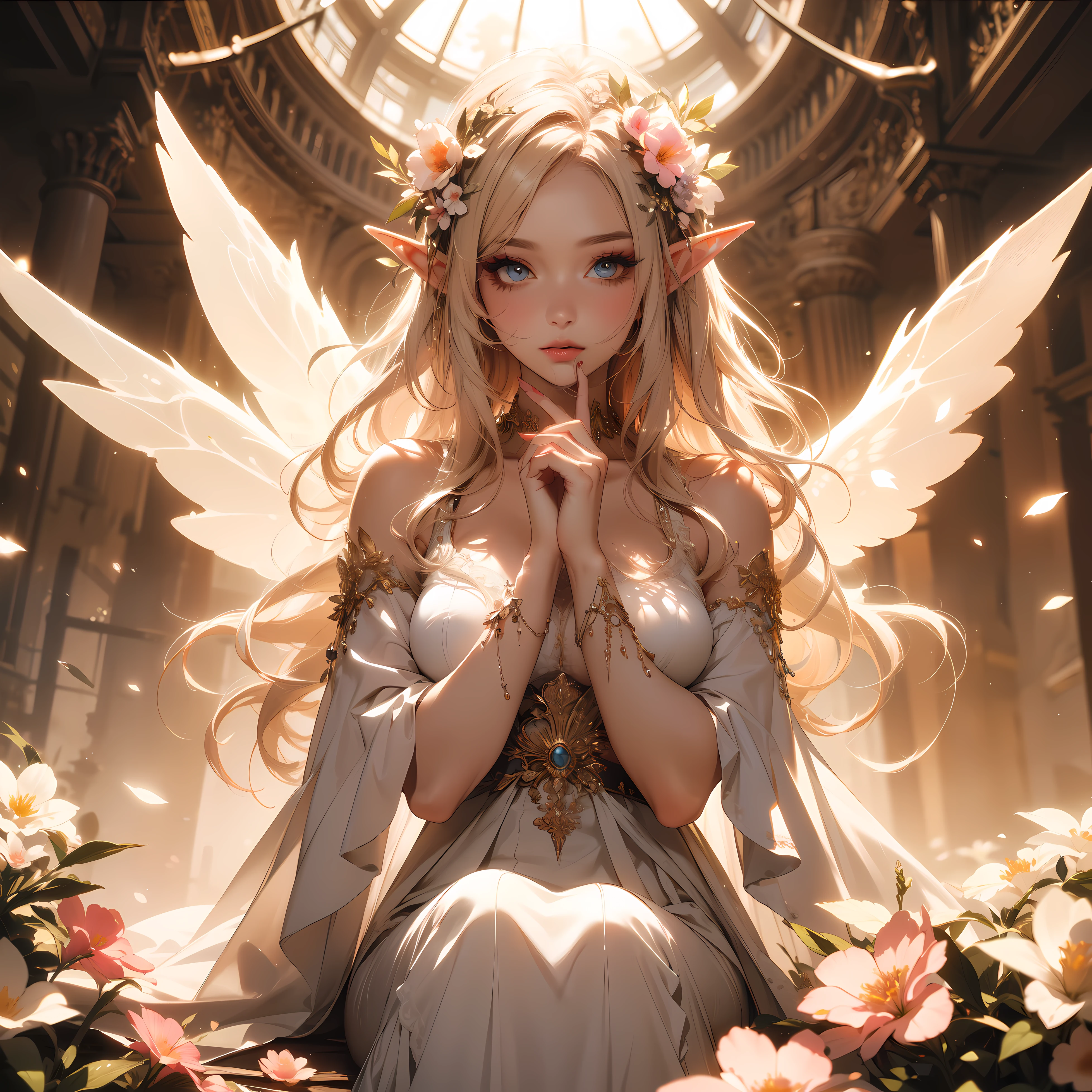 ((masterpiece)), (top quality), (best quality), ((ultra-detailed, 8k quality)), Cinematic lighting, soft semi-backlit light, (detailed line art), absurdres, (best composition), (high-resolution), Aesthetics, Flower elf Fairy、((Surrounded by flowers))、((Beautiful elf girl with white long dress:1.2, transparent wings))、When taking off, Glowing scales wings、(((Sitting on a flower)))、Highly detailed background，Realistic，ultra-detailliert，super detailed skin，light glow，((Film grain，Expro II，Lens Flare))，Sharpen，cinematic shadow, cinematic dramatic atmosphere, fantasy, BREAK,  perfect face, details eye, messy white hair, blue eyes, shining eyes, (beautiful detailed eyelashes, eyeshadow, pink eyeshadow),  
BREAK, 
((perfect anatomy)), perfect body, (medium breast), perfect hands, beautiful face, beautiful eyes, (perfect fingers, deatailed fingers), correct anatomy, perfect legs, 