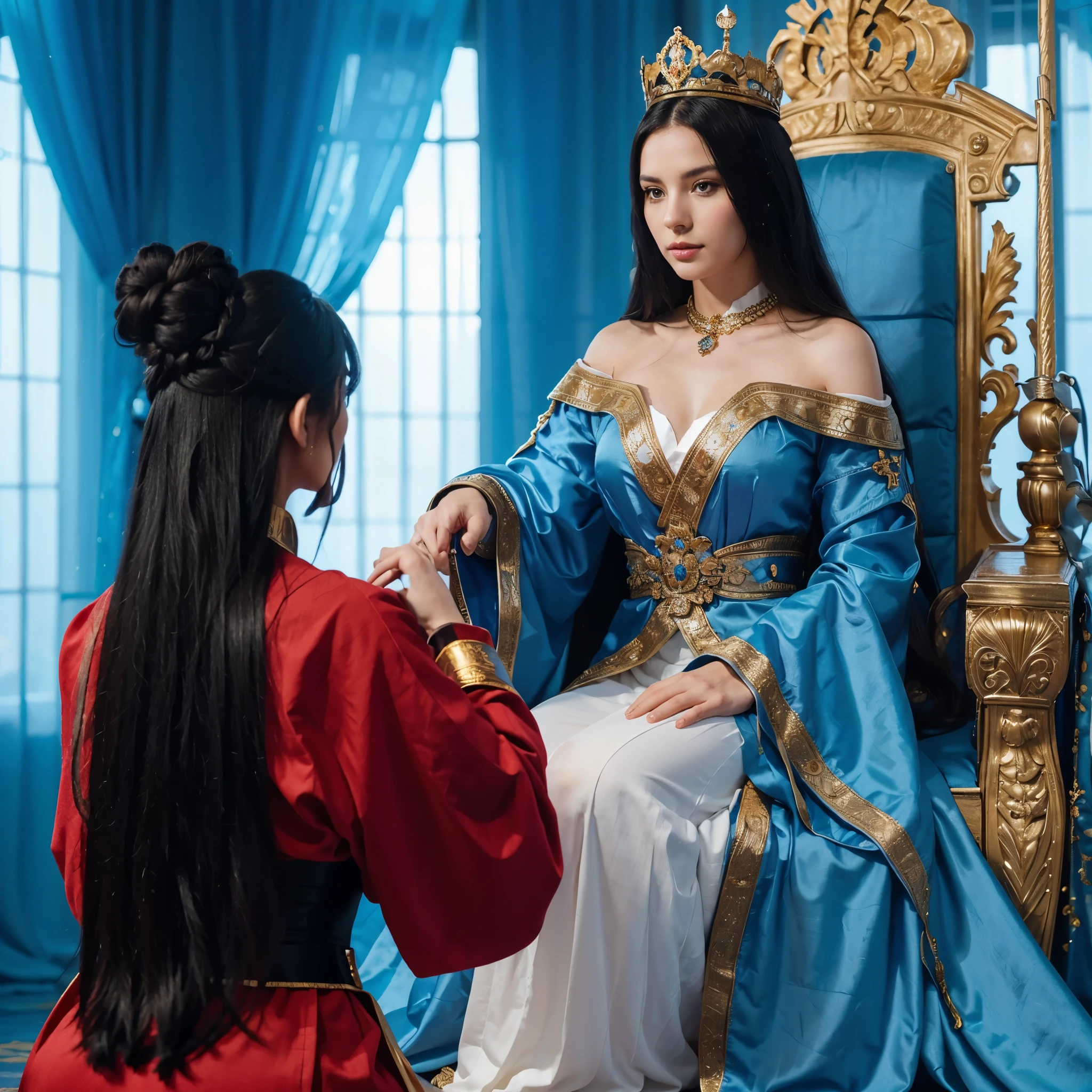 photography. a beautiful woman, long black hair, white skin, 23 years old, wearing a gold crown, wearing blue royal clothes, blue robe, sitting in the queen's chair, the woman gives orders to the female commander in front of her, the female commander wears a robe red, long black hair, kneeling. the background of the royal throne is shiny blue.