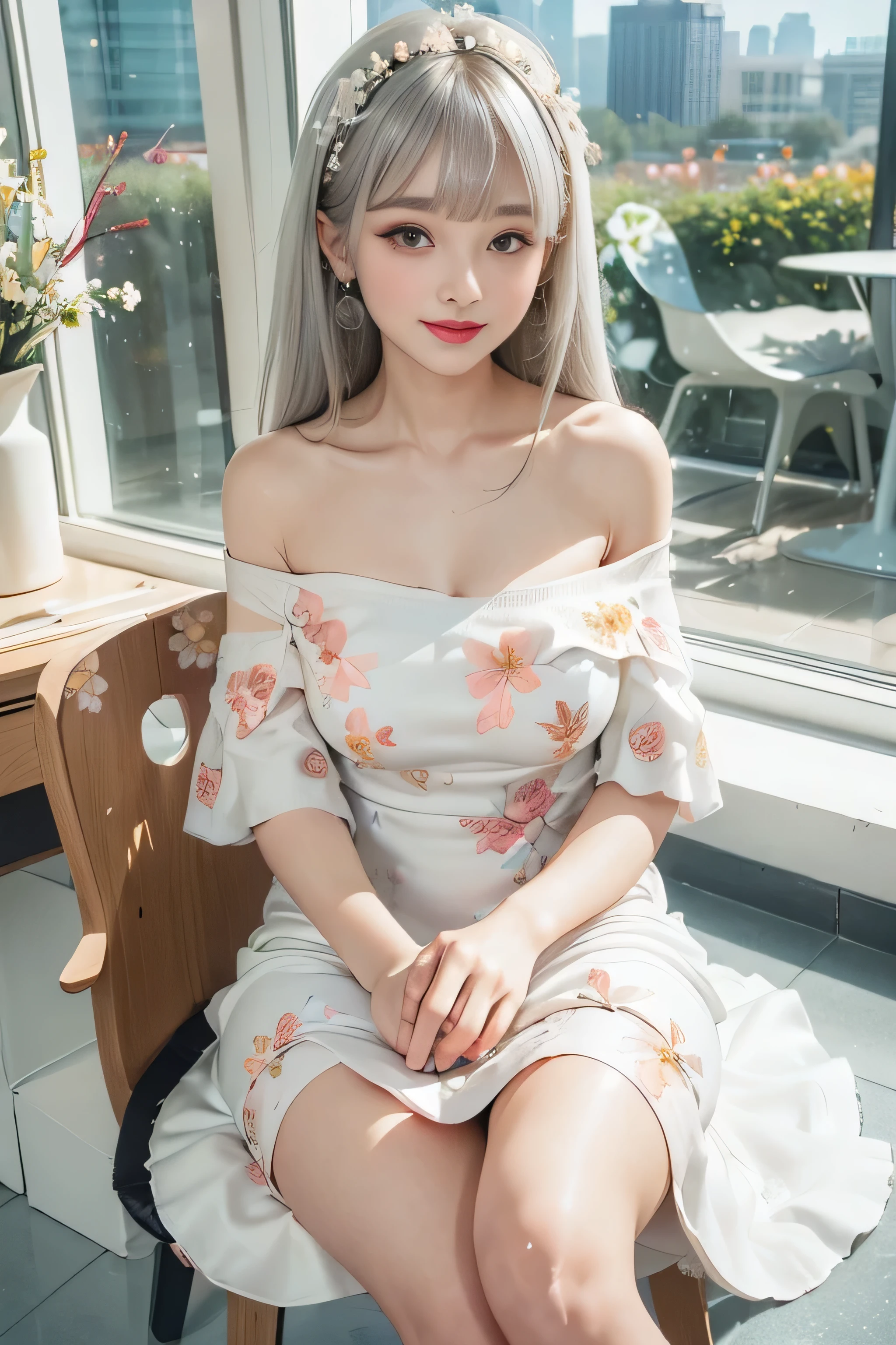 ((Girl sitting on office reception chair and crossing legs)), silver hair, bangs, 鈍いbangs, long straight hair, aqua eye, long eyelashes, three-dimensional round eyes, compensate, open your mouth, blush, parted lips, bright pupils, smiley, enchanting smile, shine, surrealism, modern、black pantyhose、high heels、((Pure white dress、floral dress、、off shoulder、: 1.6))、Skyscrapers are hazy in the windows、mix4、(sexy pose)、