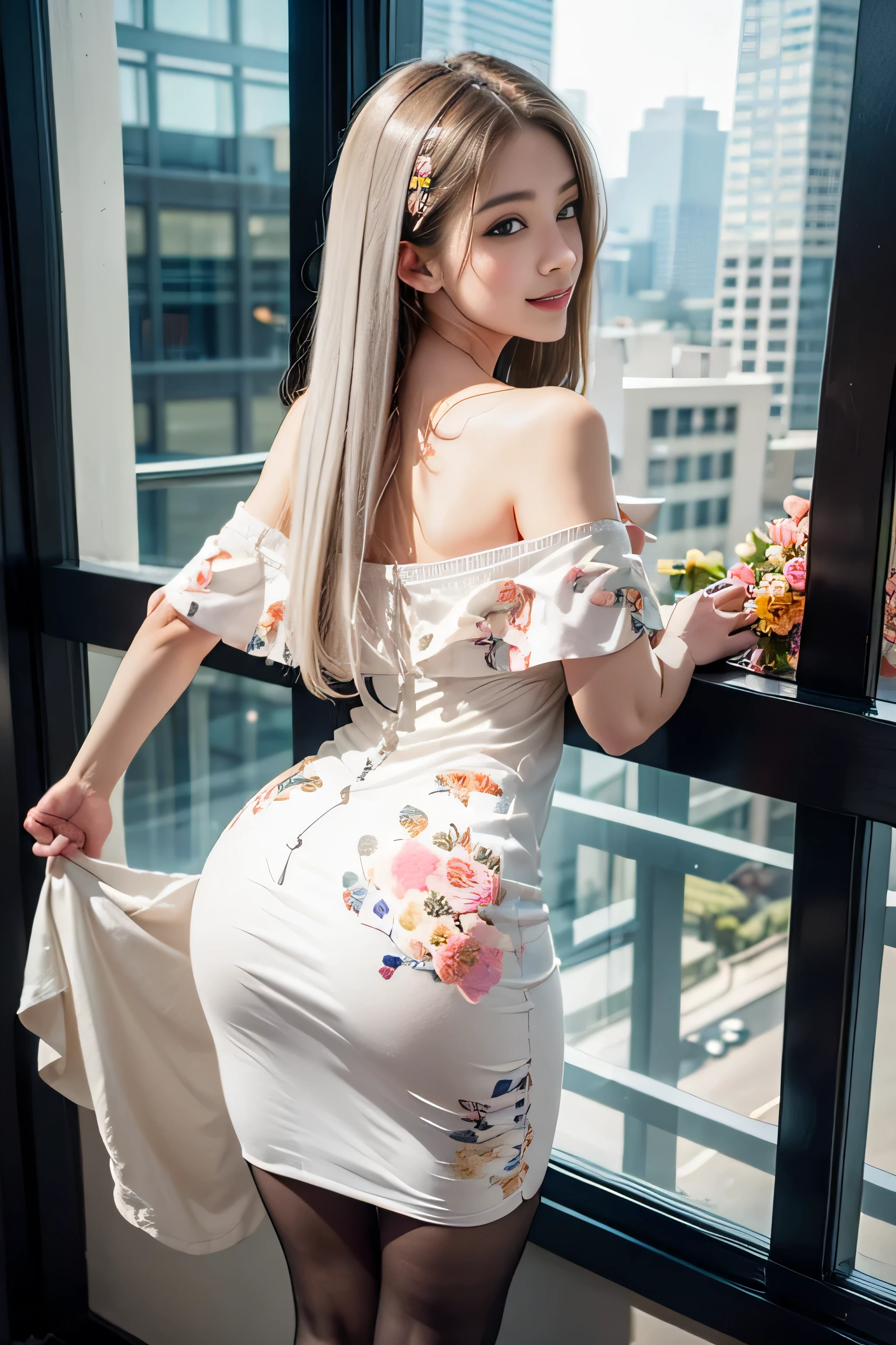 ((Girl Standing At Office Reception)),((Rear view))、( silver hair), bangs, 鈍いbangs, long straight hair, aqua eye, long eyelashes, three-dimensional round eyes, compensate, open your mouth, blush, parted lips, bright pupils, smiley, enchanting smile, shine, surrealism, modern、black pantyhose、high heels、((Pure white dress、floral dress、、off shoulder、: 1.6))、Skyscrapers are hazy in the windows、mix4、(sexy pose)、