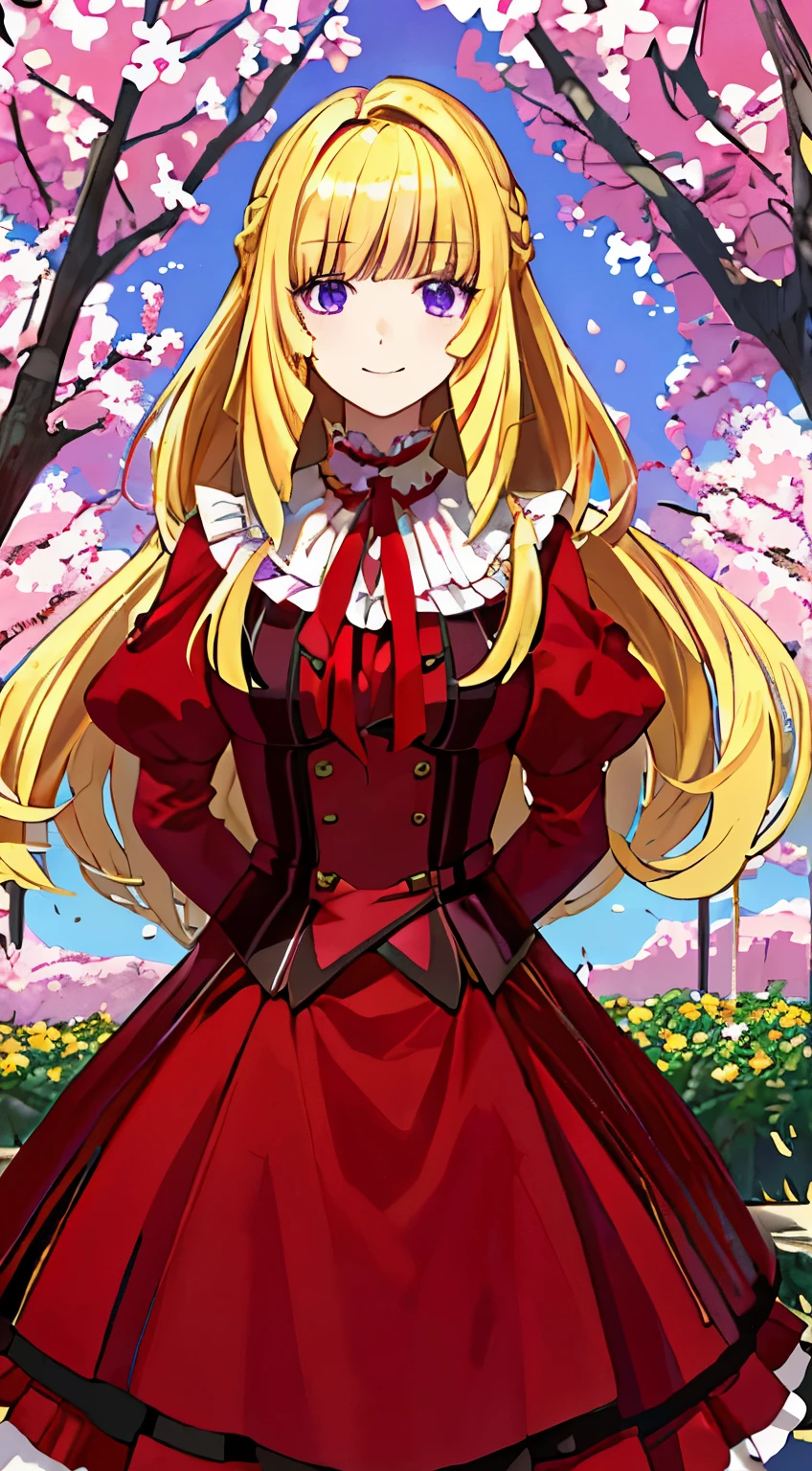 (tmasterpiece、top-quality、illustratio、Extremely high quality、high-level image quality、Extremely sensitive writing)  standing in beautiful flowery garden、A slight smile、、Cute national costume style dress，There are ruffles on the shoulders、Hair fluttering in the wind, ,1girl, kudelia, kudelia aina bernstain, very long hair, blonde hair, purple eyes, medium breast, red dress, red uniform 