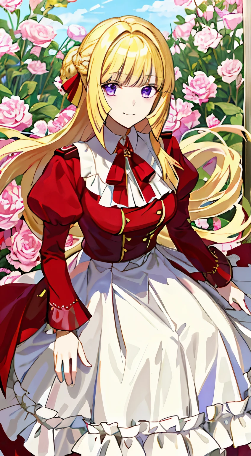 (tmasterpiece、top-quality、illustratio、Extremely high quality、high-level image quality、Extremely sensitive writing)  standing in beautiful flowery garden、A slight smile、、Cute national costume style dress，There are ruffles on the shoulders、Hair fluttering in the wind, ,1girl, kudelia, kudelia aina bernstain, very long hair, blonde hair, purple eyes, medium breast, red dress, red uniform 