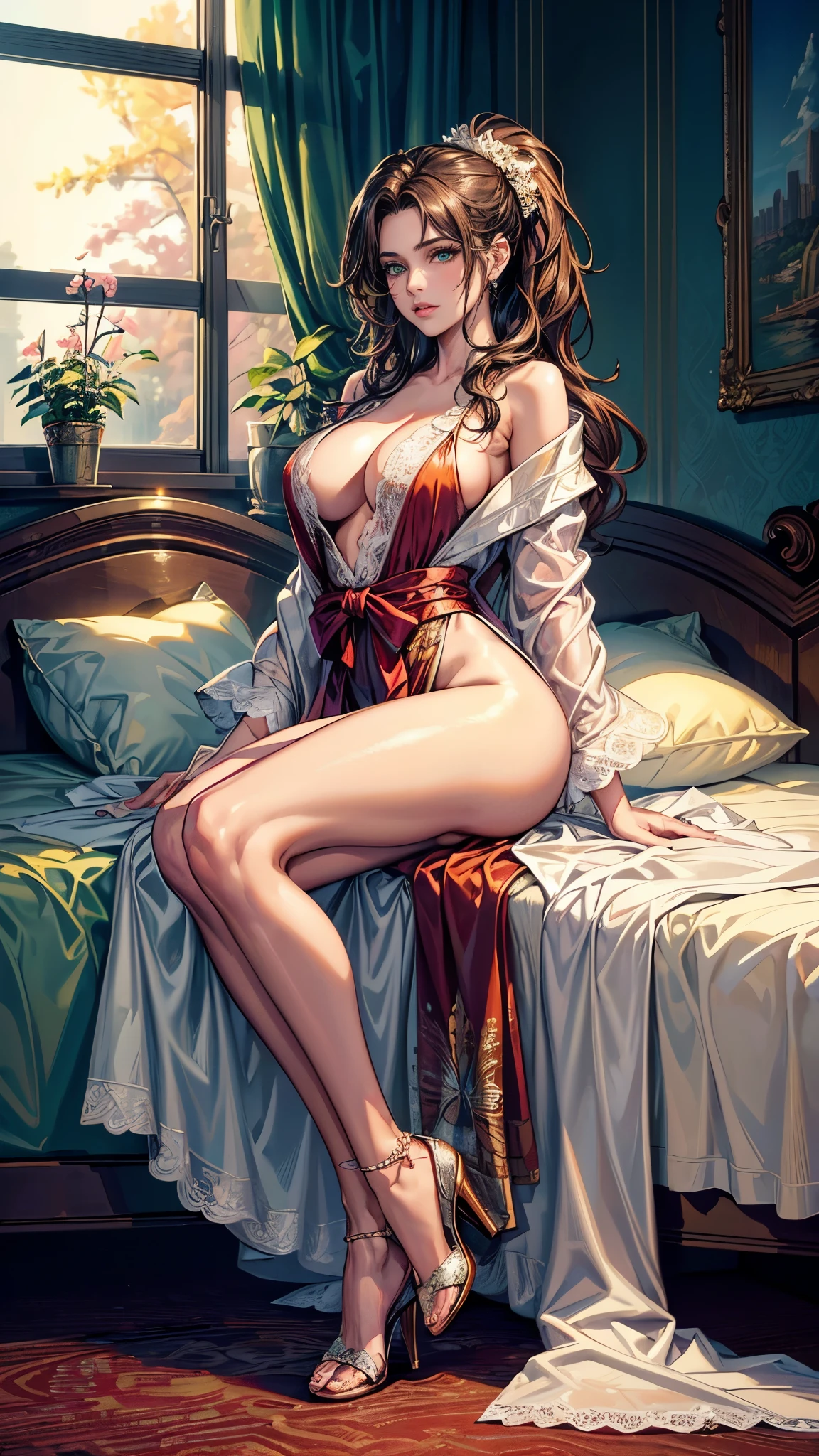 ((masterpiece, Best quality, a high resolution, ultra detailed),(beautiful and aesthetically pleasing:1.2), 1 woman, adult, perfect body, Wavy dark hair, green eyes, hair tied into a high beautiful ponytail, Detailed eyes and face, romantic tiger robe, sexy robe, lace, ornament on fabric, high heel shoes, Valentine's Day, romantic look in love, date, Bedroom, a large bed, view of the park from the window,, full body