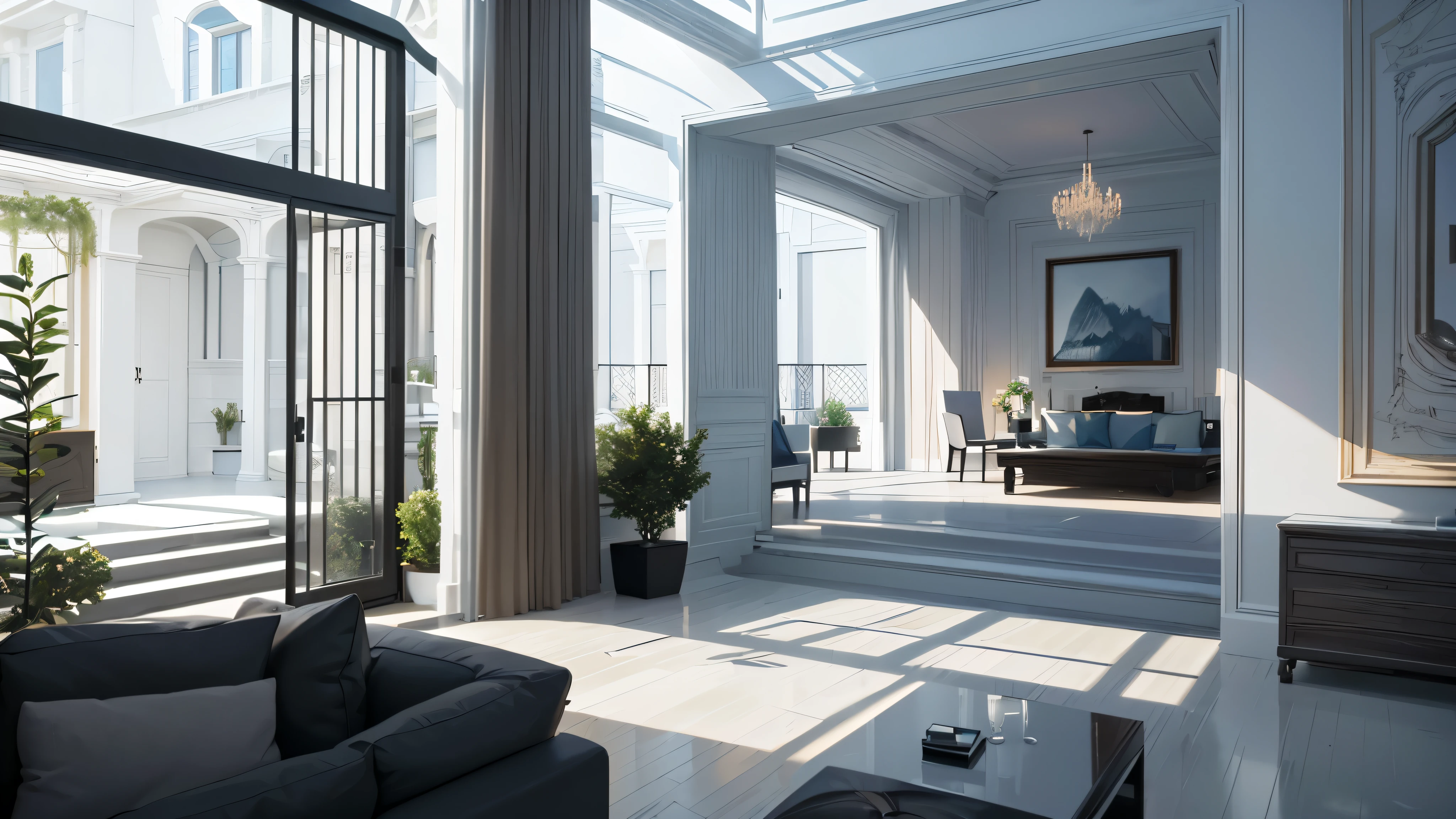 You are a famous interior designer、You have been asked to create a 3D image of a modern large room. Create a harmonious environment with modern and minimalist furniture. Including garden interior.