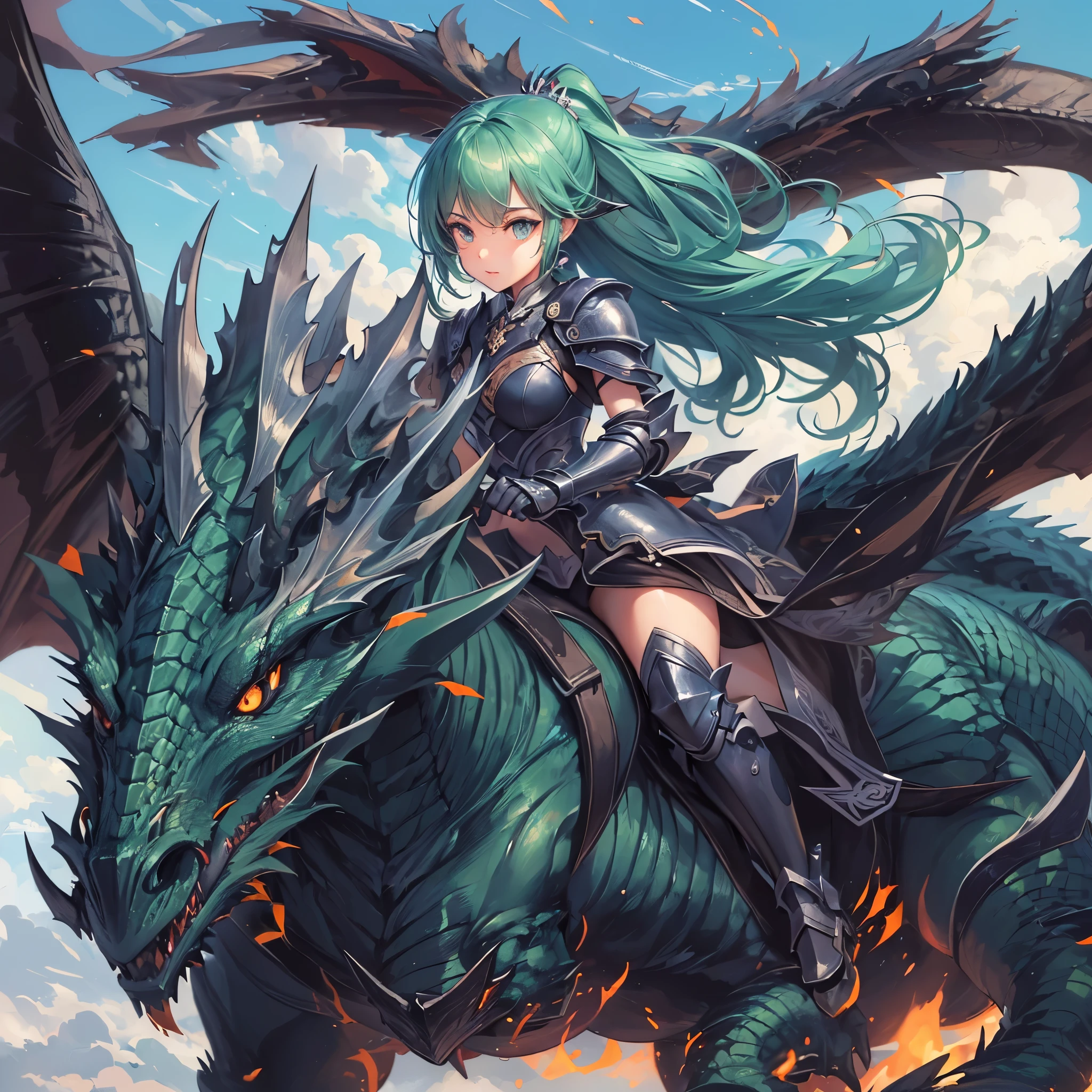 ((one black dragon and one girl)), (dragon is flying orver the battlefield), (ponytail green hair long hair divine knight cute girl) is ((riding on the back of a dragon)) break , in a knight armor), perfect ???????, masterpiece:1.3, best quarity, 16k, beautiful detailed grow, daydreaming expression.