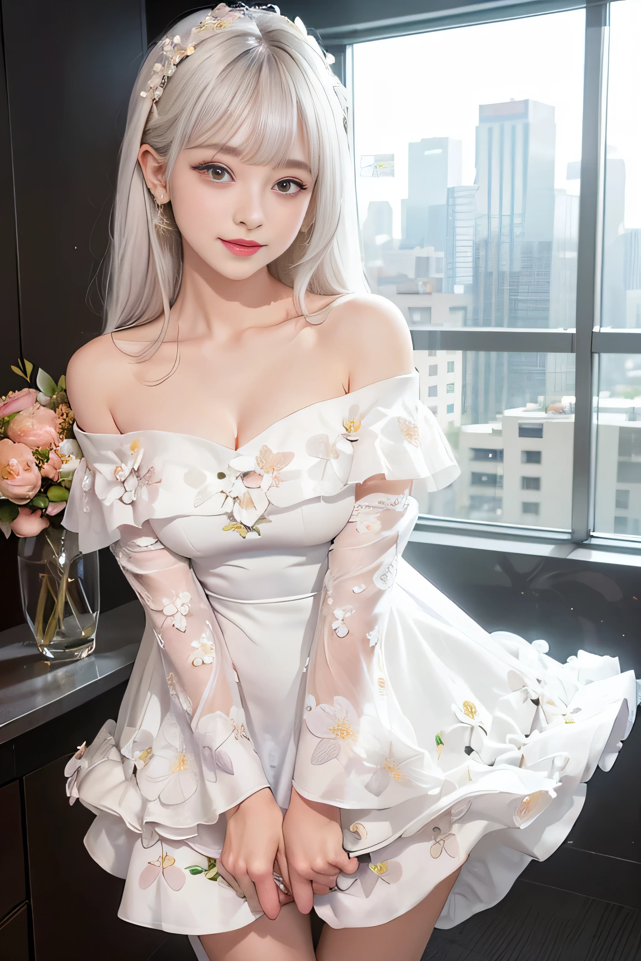 ((Girl Standing At Office Reception)), silver hair, bangs, 鈍いbangs, long straight hair, aqua eye, long eyelashes, three-dimensional round eyes, compensate, open your mouth, blush, parted lips, bright pupils, smiley, enchanting smile, shine, surrealism, modern、black pantyhose、high heels、((Pure white dress、floral dress、、off shoulder、: 1.6))、Skyscrapers are hazy in the windows、mix4、(sexy pose)、