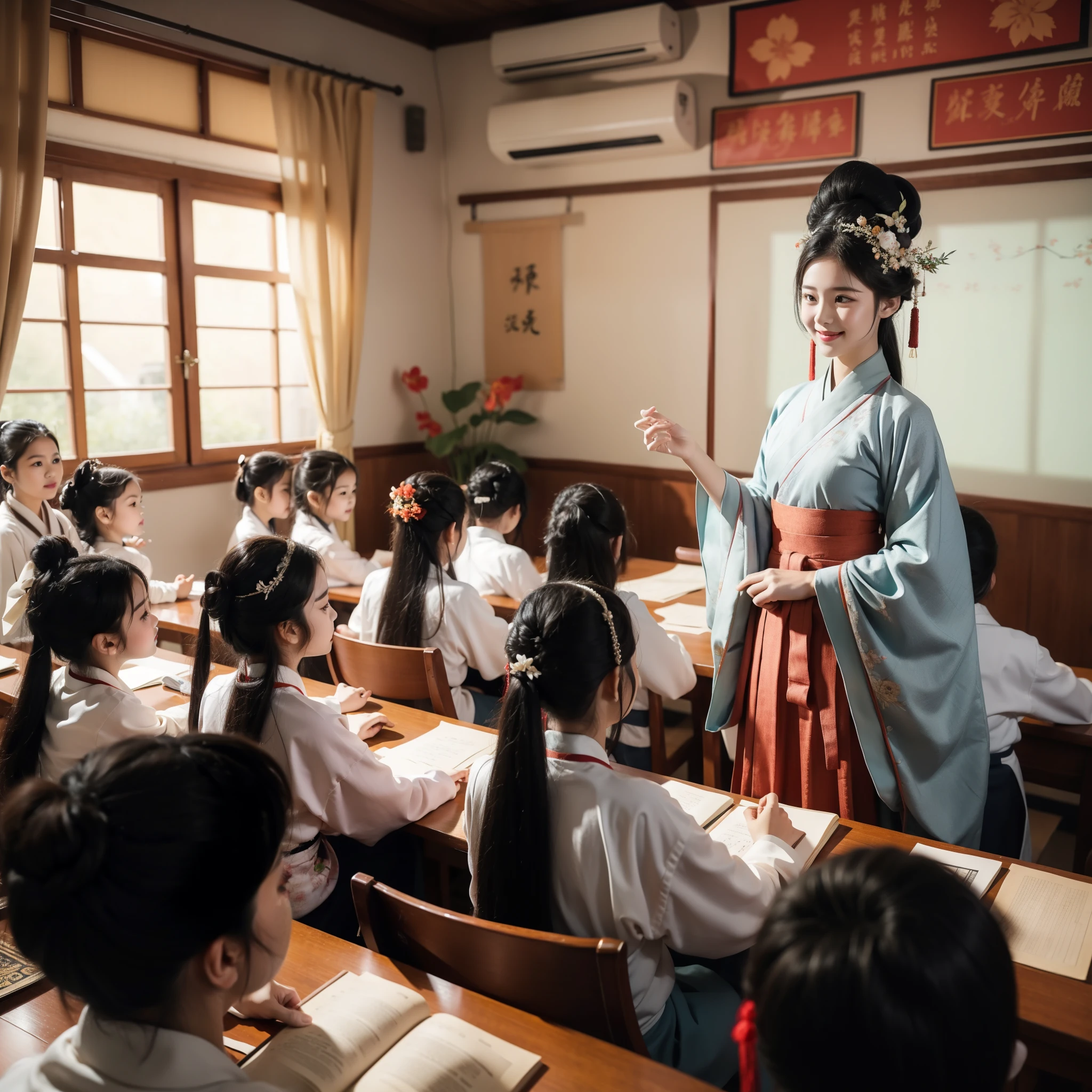 A young boy with，Children Thai school uniform, teachers Hanfu costume ，Teacher's Day，Holiday poster，cheerfulness，ssmile，Chinese New Year