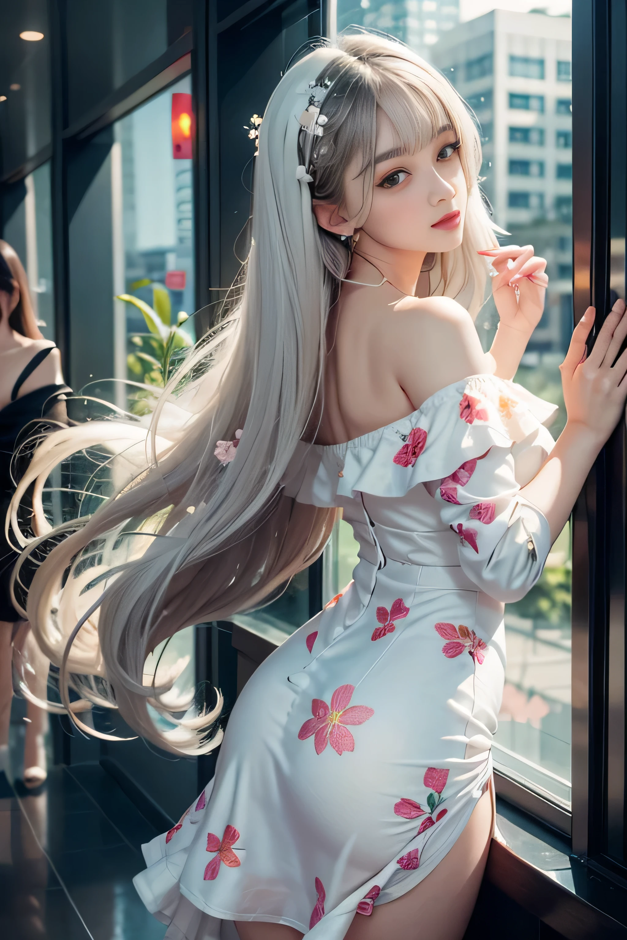 ((Girl Standing At Office Reception)),((Rear view))、( silver hair), bangs, 鈍いbangs, long straight hair, aqua eye, long eyelashes, three-dimensional round eyes, compensate, open your mouth, blush, parted lips, bright pupils, smiley, enchanting smile, shine, surrealism, modern、black pantyhose、high heels、((Pure white dress、floral dress、、off shoulder、: 1.6))、Skyscrapers are hazy in the windows、mix4、(sexy pose)、