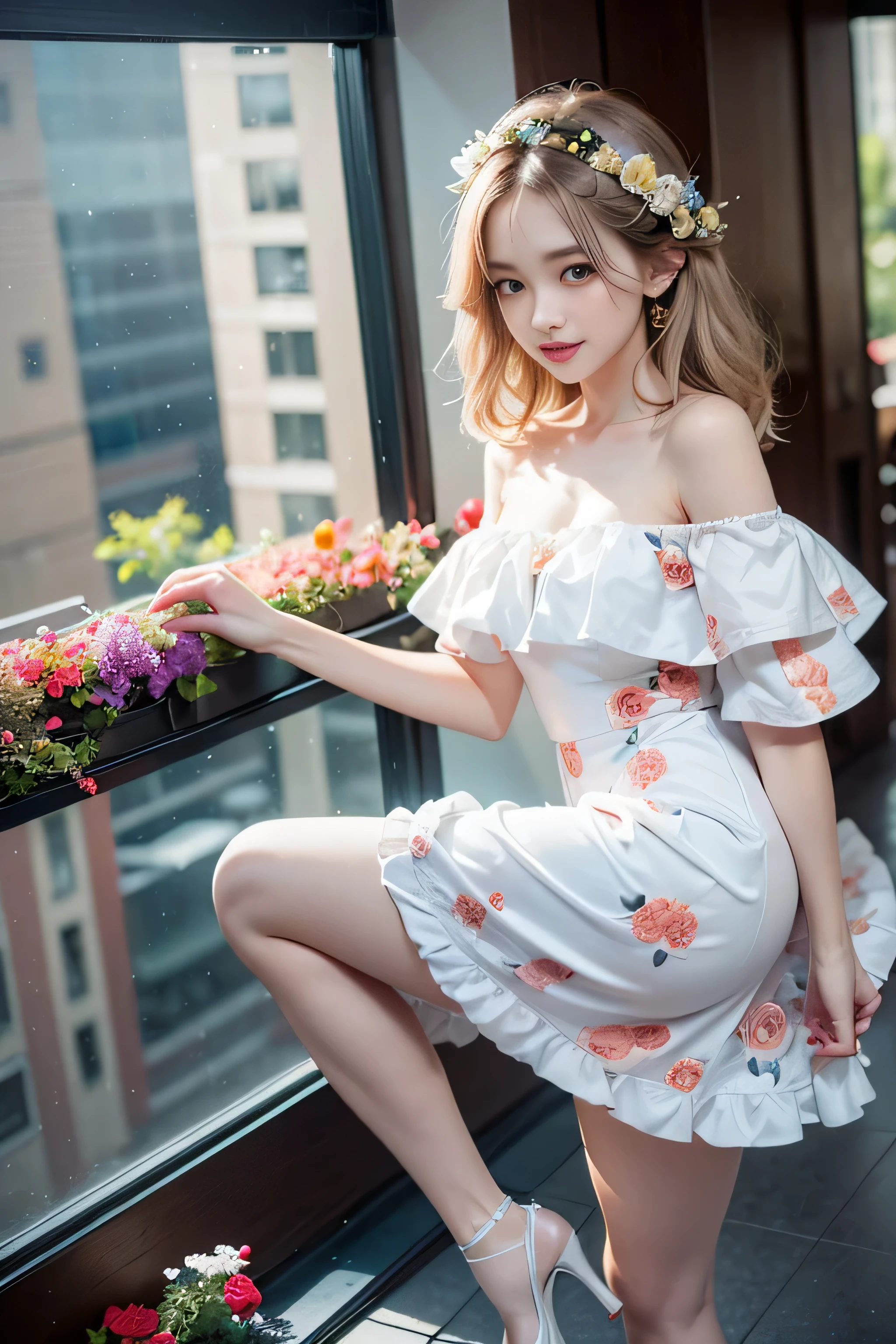 ((Girl Standing At Office Reception)),((Rear view))、( silver hair), bangs, 鈍いbangs, long straight hair, aqua eye, long eyelashes, three-dimensional round eyes, compensate, open your mouth, blush, parted lips, bright pupils, smiley, enchanting smile, shine, surrealism, modern、black pantyhose、high heels、((Pure white dress、floral dress、、off shoulder、: 1.6))、Skyscrapers are hazy in the windows、mix4、(sexy pose)、