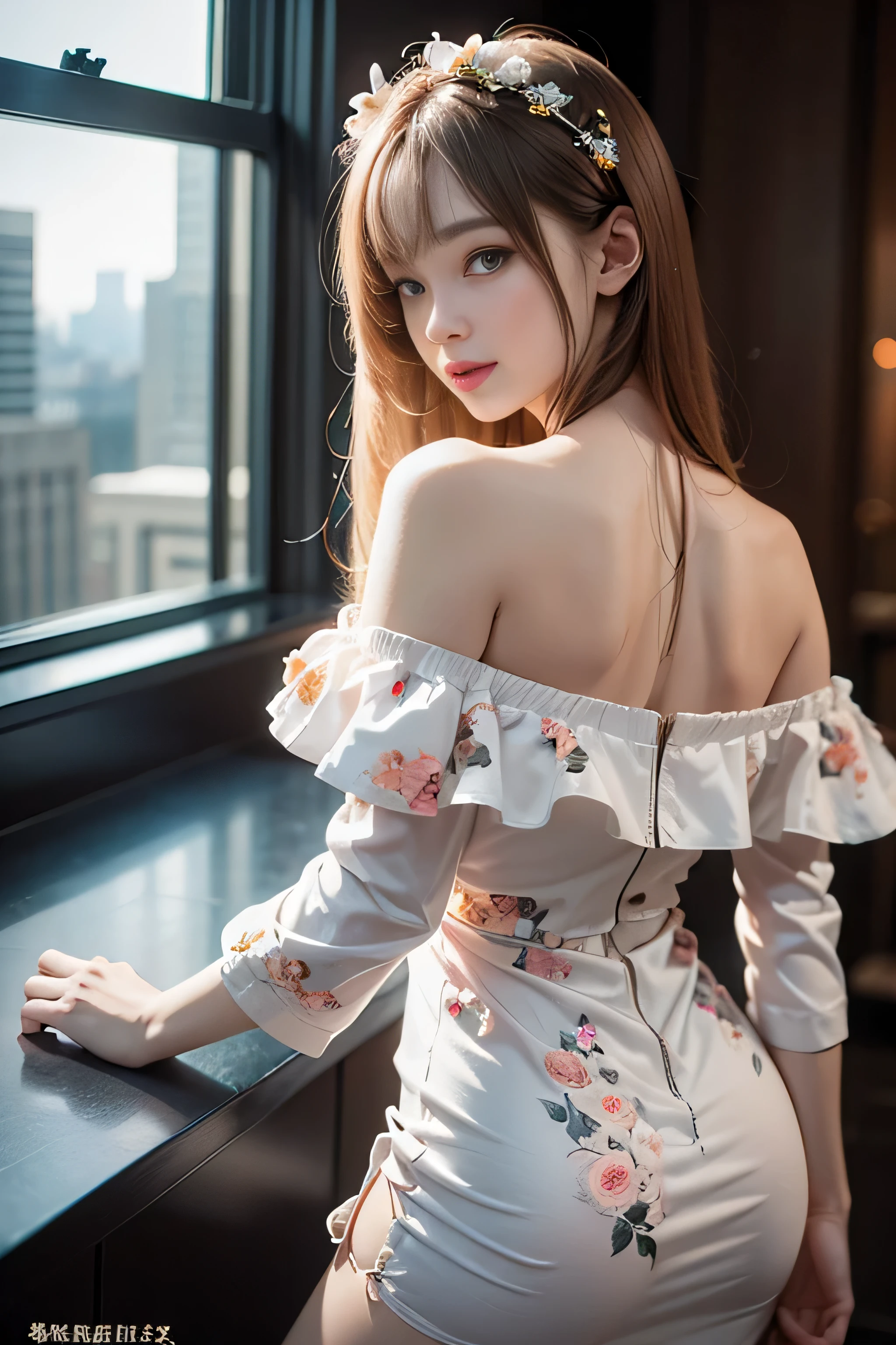 ((Girl Standing At Office Reception)）,((Rear view)）、( silver hair）, bangs, 鈍いbangs, long straight hair, aqua eye, long eyelashes, three-dimensional round eyes, compensate, open your mouth, blush, parted lips, bright pupils, smiley, enchanting smile, shine, surrealism, modern、black pantyhose、high heels、（(Pure white dress、floral dress、、off shoulder、: 1.6)）、Skyscrapers are hazy in the windows、mix４、(sexy pose）、