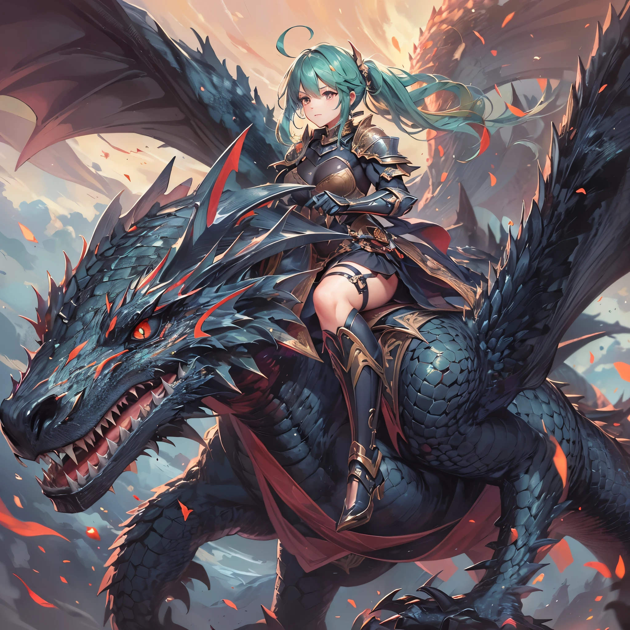 ((one black dragon and one girl)), (dragon is flying orver the battlefield), (ponytail green hair long hair divine knight cute girl) is ((riding on the back of a dragon)) break , in a knight armor), perfect anatomy, masterpiece:1.3, best quarity, 16k, beautiful detailed grow, daydreaming expression.