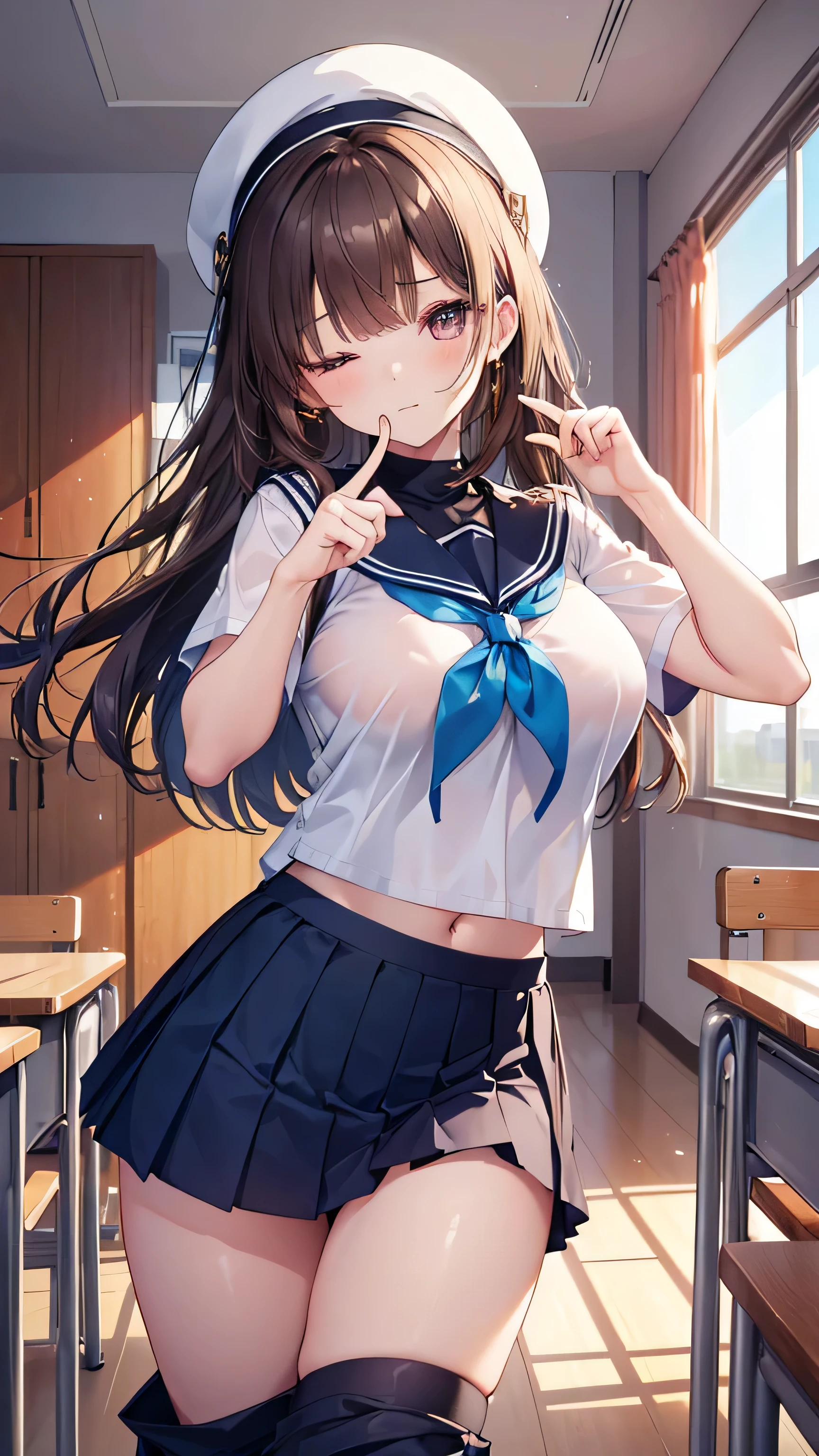 (best quality、8k、32k、masterpiece、north african trade zone、ultra high resolution、Impressionism、Photos are real:1.2)、big breasts、cowboy shooting, Detailed face and eyes、 inside the classroom、School、Sunset、pretty face、blurred background、16 year old beautiful girl、shiny skin、half height hair、beautiful brown hair、dull bangs、brown eyes、(close one eye、Place your index finger to your mouth:1.2)、Sailor suit、pleated mini skirt、curve、(skirt up、i can see your pants:1.2)、thighs thighs thighs thighs、(Navel exposed:0.4)、dynamic poses
