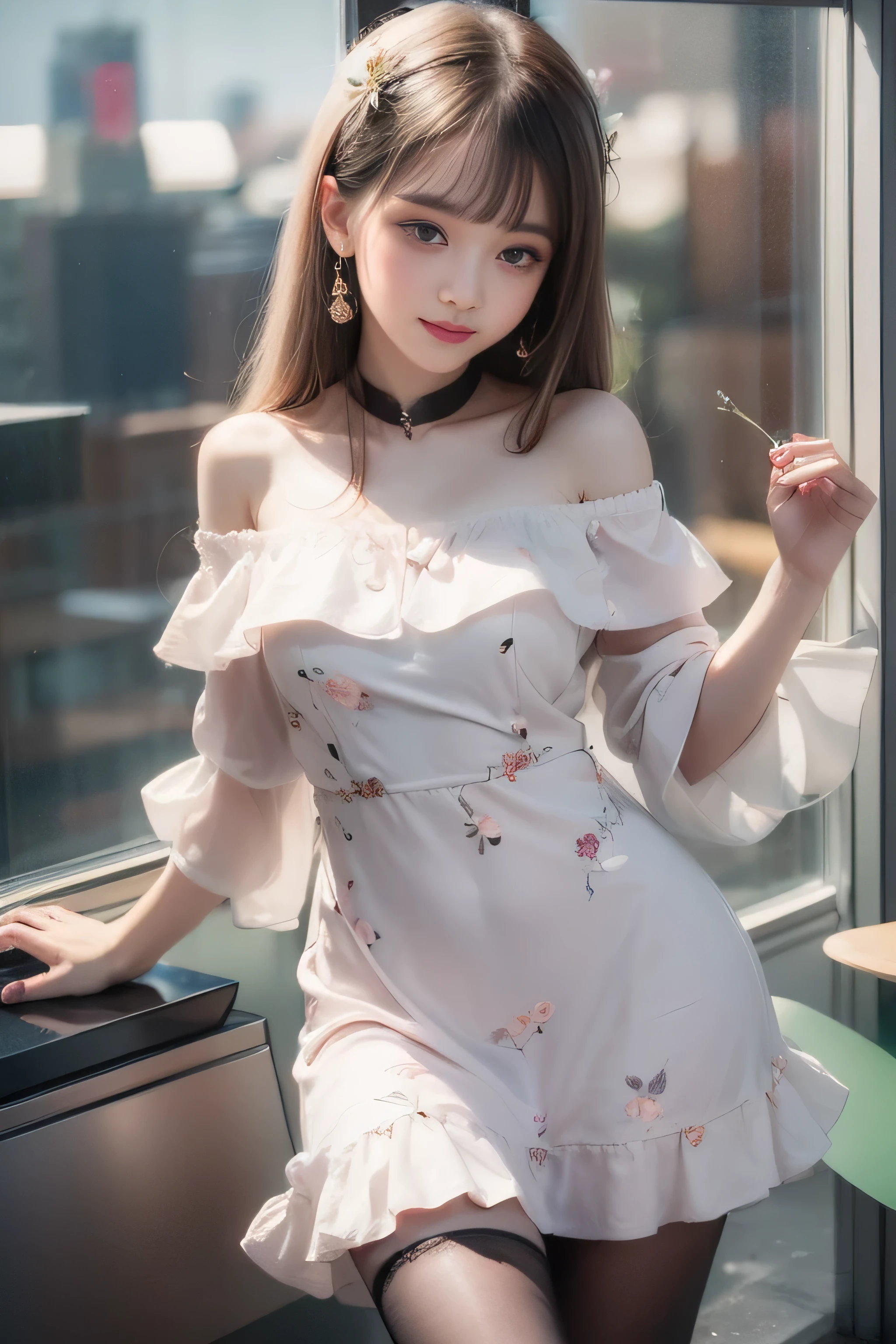 ((Girl Standing At Office Reception)), silver hair, bangs, 鈍いbangs, long straight hair, aqua eye, long eyelashes, three-dimensional round eyes, compensate, open your mouth, blush, parted lips, bright pupils, smiley, enchanting smile, shine, surrealism, modern、black pantyhose、high heels、((Pure white dress、floral dress、、off shoulder、: 1.6))、Skyscrapers are hazy in the windows、mix4、(sexy pose)、