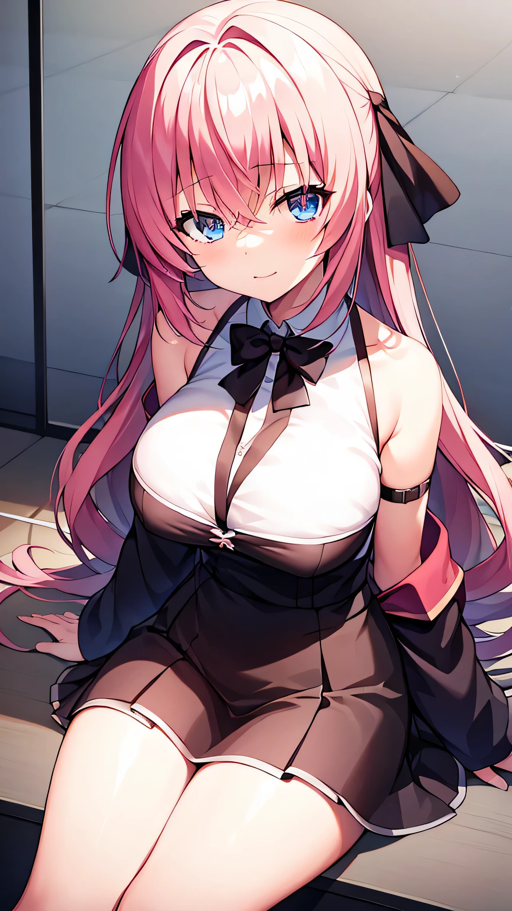 1 girl, Ichinose_Shiki, 独自of, boobgasm, 长of_hair, 高抬leg, 蓝色of_Eye, garter_Shoulder strap, Split, Smile, 棕色of_hair, hair_bow, watch_exist_audience, bow, two_side_up, 中等of_boobgasm, sitting, 红色of_bow, hand_between_leg, clavicle, signexisture, Alcohol, collar, between_leg, off_Shoulder, blush, labcoexist, Bangs, 模糊of, 棕色of_高抬leg, 波浪状of_hair, skirt, 仅有of_Shoulders, closure_Mouth, 模糊of_background, :3, cross-laced_clothing, 红色of_skirt, _username, 黑色of_collar, 黑色of_高抬leg, Open_clothing, depth_of_Place, 