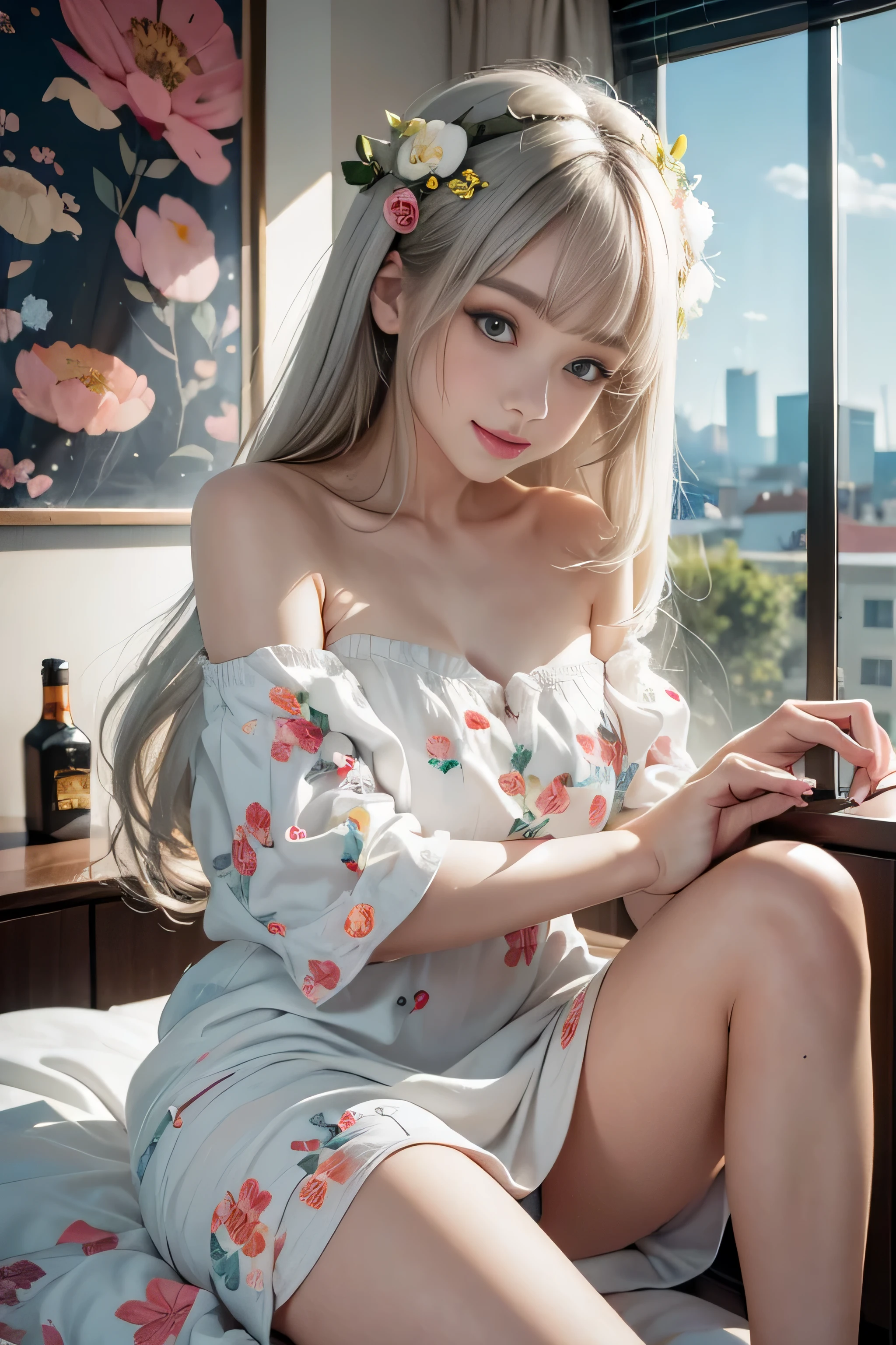 ((Girl sitting on bed in break room in office)), silver hair, bangs, 鈍いbangs, long straight hair, aqua eye, long eyelashes, three-dimensional round eyes, compensate, open your mouth, blush, parted lips, bright pupils, smiley, enchanting smile, shine, surrealism, modern、black pantyhose、high heels、((Pure white dress、floral dress、、off shoulder、: 1.6))、Skyscrapers are hazy in the windows、mix4、(sexy pose)、