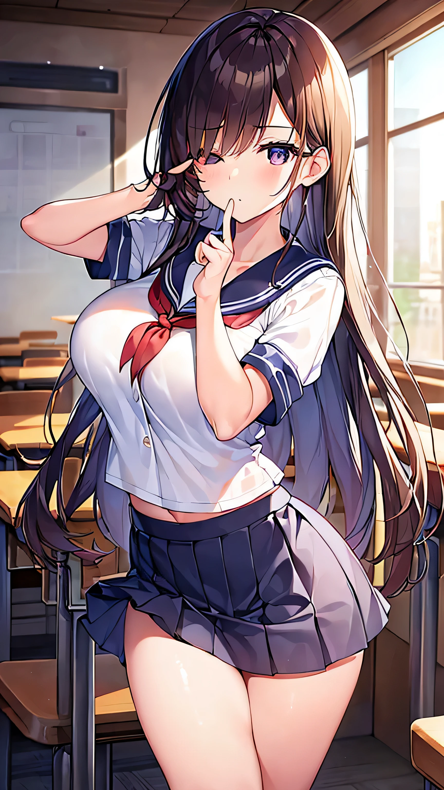 (best quality、8k、32k、masterpiece、north african trade zone、ultra high resolution、Impressionism、Photos are real:1.2)、big breasts、cowboy shooting, Detailed face and eyes、 inside the classroom、School、Sunset、pretty face、blurred background、16 year old beautiful girl、shiny skin、half height hair、beautiful brown hair、dull bangs、brown eyes、(close one eye、Place your index finger to your mouth:1.2)、Sailor suit、pleated mini skirt、curve、(skirt up、i can see your pants:1.2)、thighs thighs thighs thighs、(Navel exposed:0.4)、dynamic poses