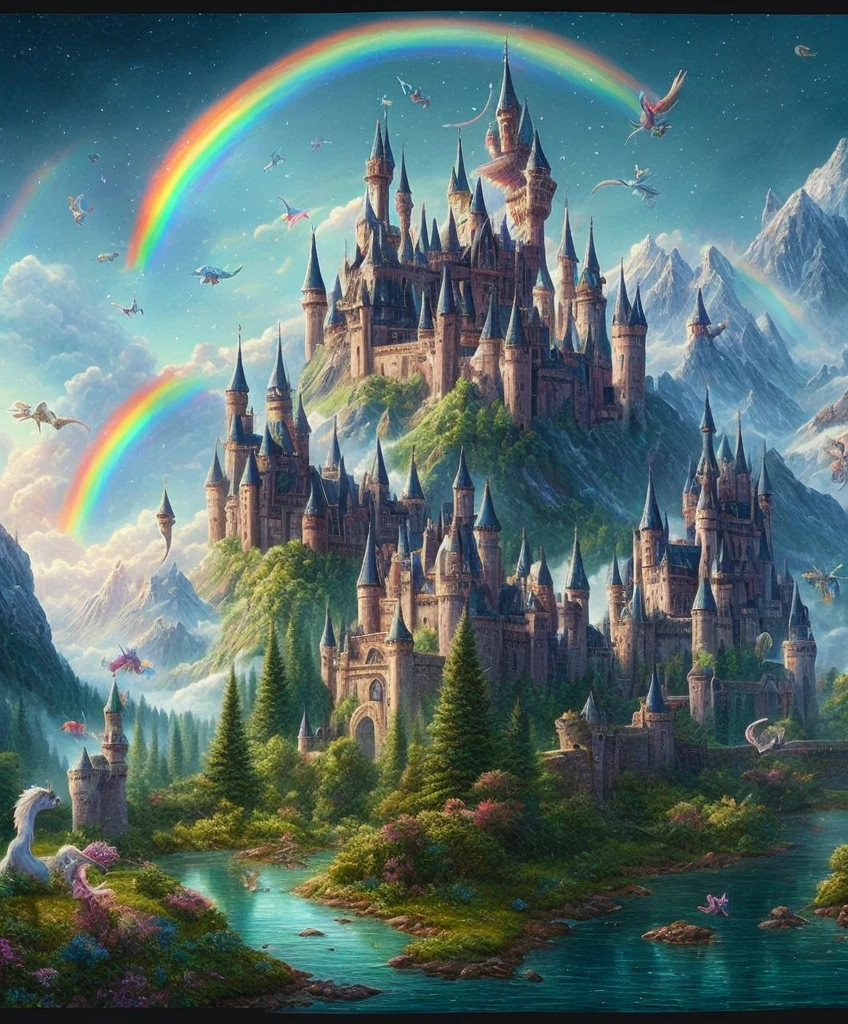 A painting of a castle with a rainbow and a rainbow flying above it, magic fantasy highly detailed, fantasy highly detailed, magical castle, detailed fantasy digital art, fantasy matte paint，cute, highly detailed fantasy art, detailed fantasy art, quirky fantasy landscape art, Beautifully detailed fantasy, detailed fantasy illustration, Fantasy Castle, beautiful fantasy paintings, fairy tale artwork, breathtaking fantasy art