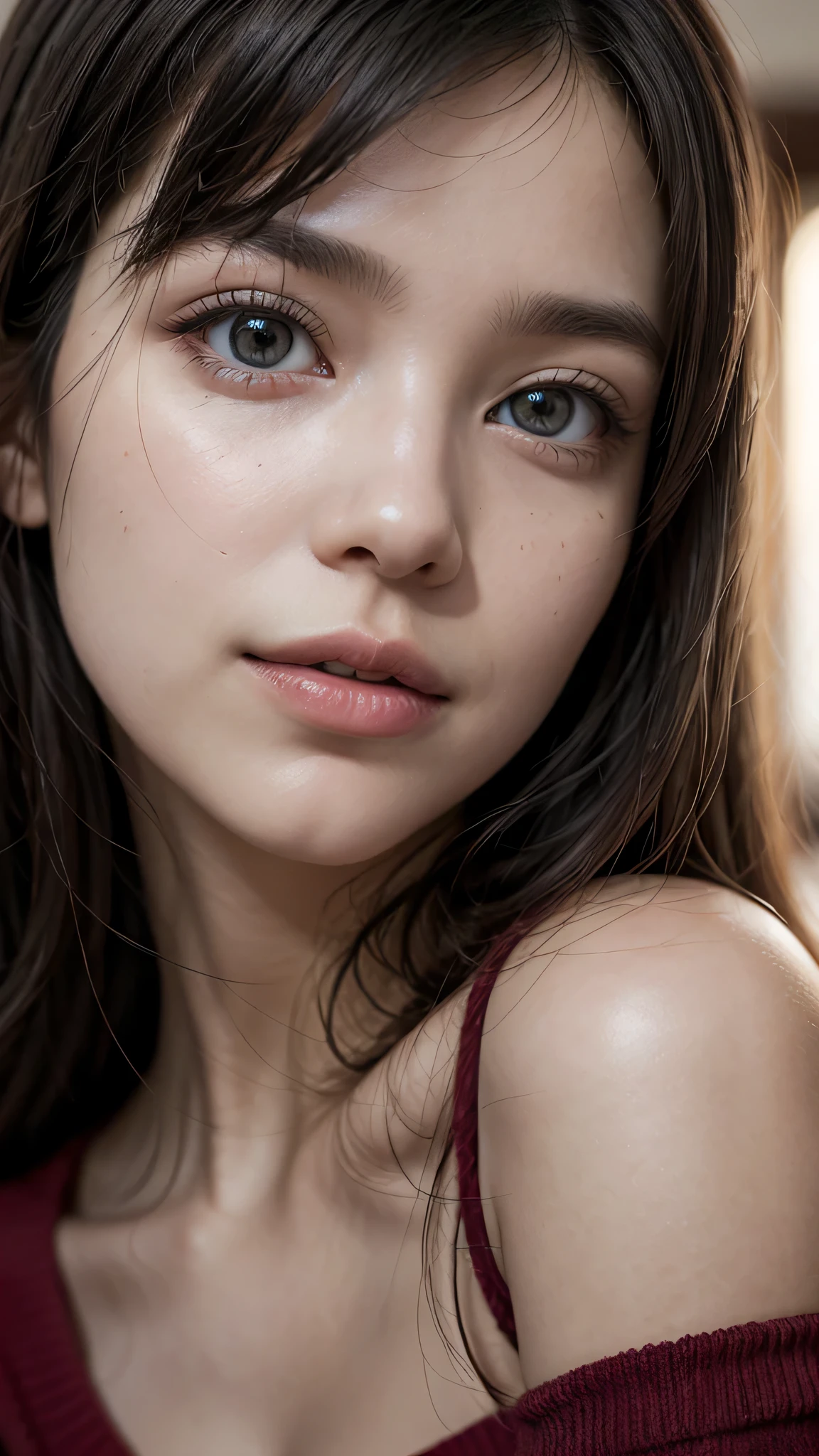 1woman, (Ultra realistic, high res), (highly detailed eyes, highly detailed hair, highly detailed face, highly detailed plump lips), (off shoulder), upper body, caute smile, (best quality:1.4), Raw photo, (realistic, photo-realistic:1.37), professional photography, cinematic light, (fine face: 1.2),