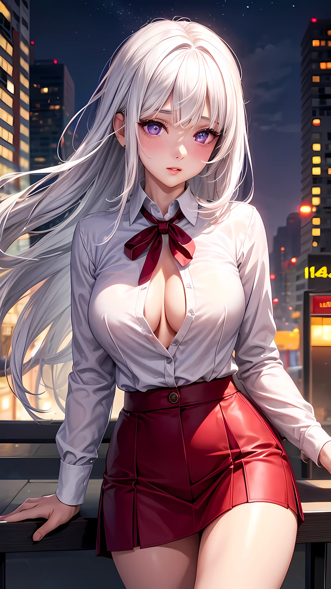 realistic, 1girl, white hair, purple eyes, shining eyes, plain red shirt, top button unbuttoned, skirt, parted lips, blush, night, urban, 4k, 8k, UHD