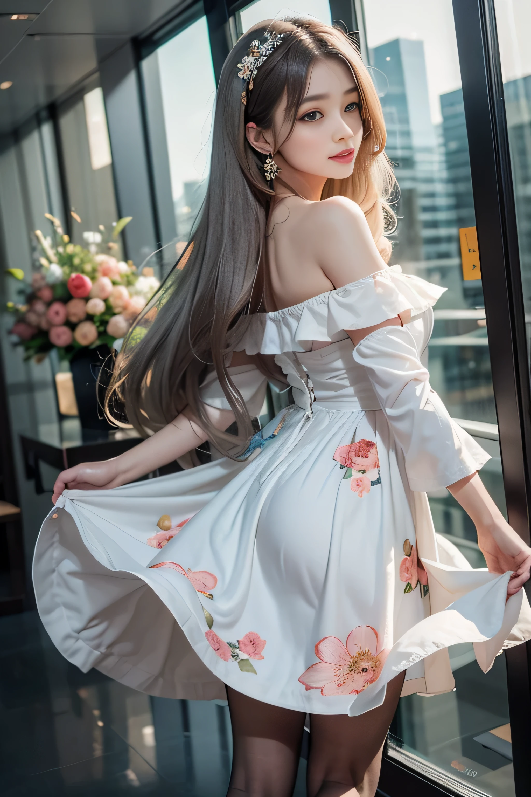 ((Girl Standing At Office Reception)）,((Rear view)）、( silver hair）, bangs, 鈍いbangs, long straight hair, aqua eye, long eyelashes, three-dimensional round eyes, compensate, open your mouth, blush, parted lips, bright pupils, smiley, enchanting smile, shine, surrealism, modern、black pantyhose、high heels、（(Pure white dress、floral dress、、off shoulder、: 1.6)）、Skyscrapers are hazy in the windows、mix４、(sexy pose）、