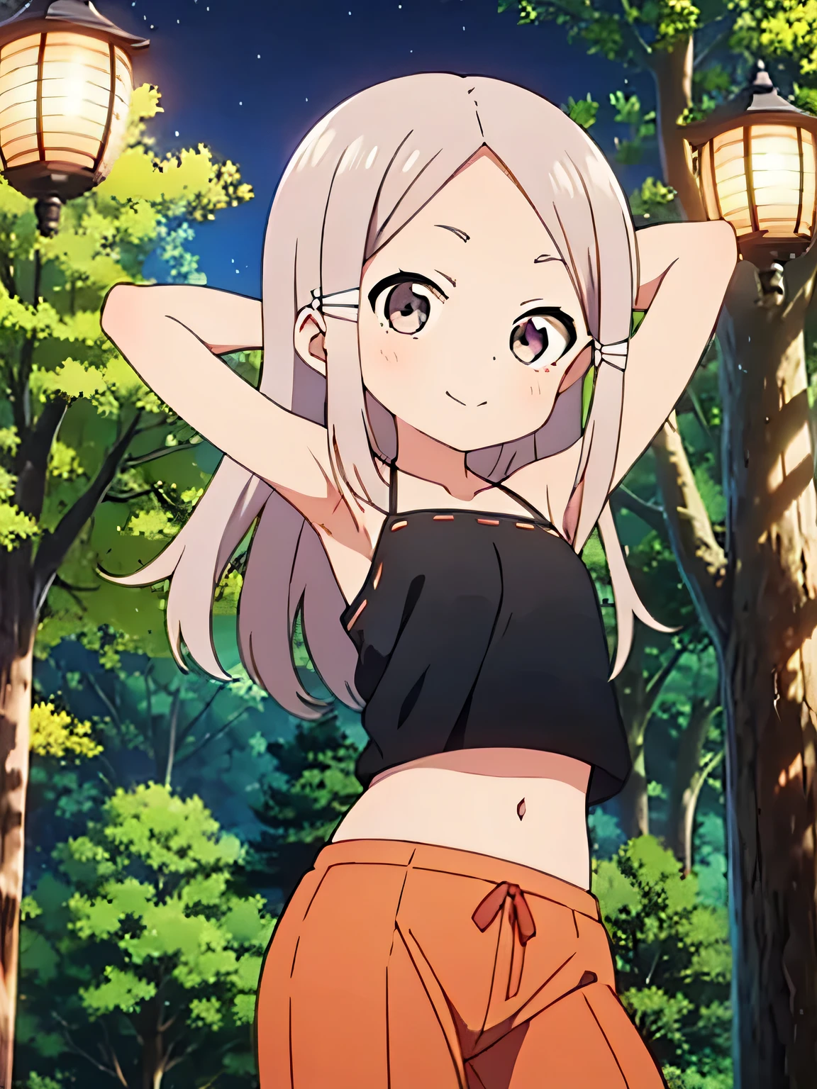 masterpiece, best quality, KunoichiAjisai, black shirt, sleeveless, orange pants, orange sleeves, long hair, grey hair, closed mouth, solo, cowboy shot, night sky, forest, arms behind head, contrapposto, shy smile, spread armpits,