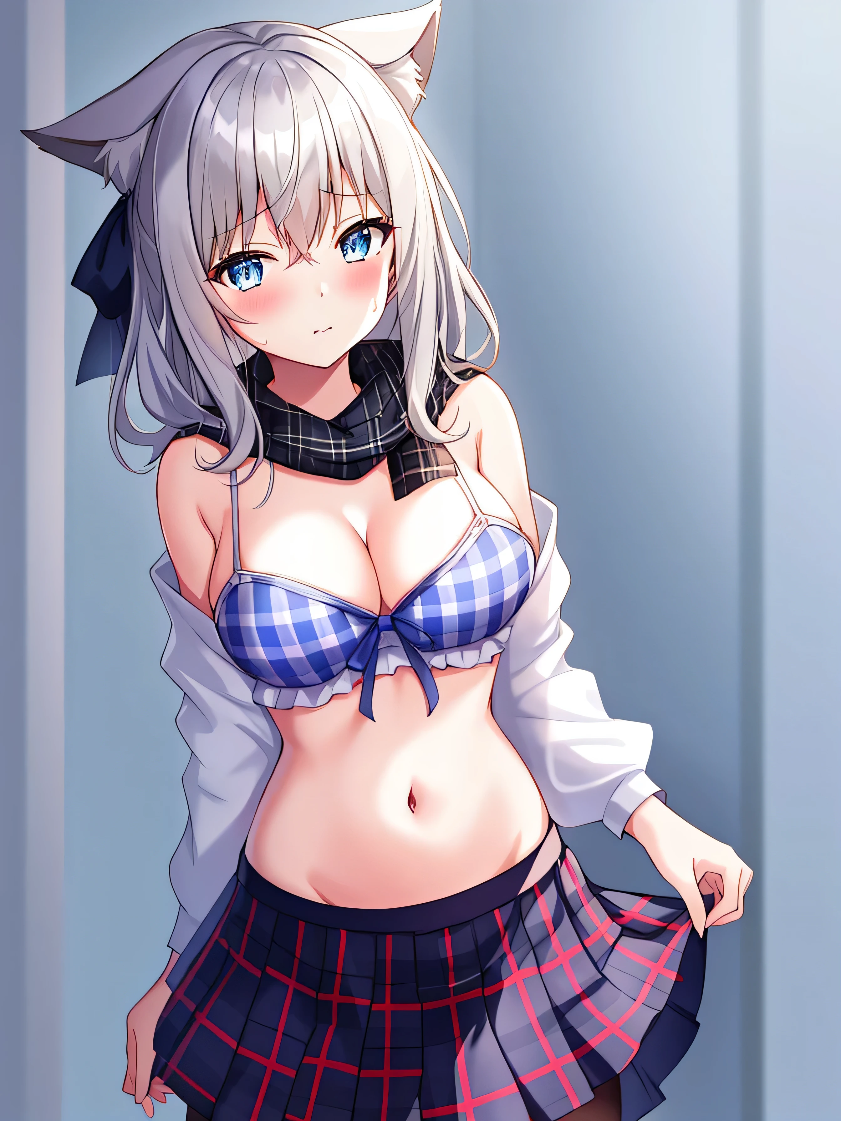 1 girl, shiroko_(blue_file), breast, alone, animal_ears, navel, blue_Eye, mismexistched_student, scarf, animal_ear_fluff, hair_decoration, simple_background, grey_hair, halo, split, skirt, watching_exist_audience, groin, cross_hair_decoration, blue_scarf, Moderate_breast, Bangs, clothing_dra, blush, closure_Mouth, Moderate_hair, only_Shoulder, Stomach, clavicle, skirt_dra, hair_between_Eye, cowboy_shooting, Plaid, blue_background, Black_skirt, pleexisted_skirt, sweexistdrop, Plaid_skirt,