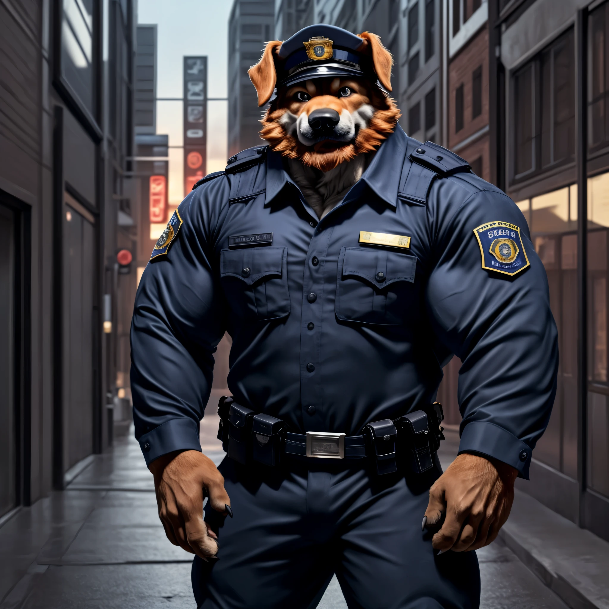 top quality, best quality, super high resolution, detailed background, magazine cover(highly detailed beautiful face and eyes)absurdres, perfect anatomy((angelic nice 1boy, kemono, solo focus, muscle man, beard))(((furry)))(furry anthro:1.7)((((Furry body, dog facial features, dog body features))))((very detailed body fur))full body(dignified)police officer, SWAT, street, muscle, facial hair, volumetric lighting, depth of field, gasping for air, raised crotch, black clothes, ((black police uniform)) shirt,
