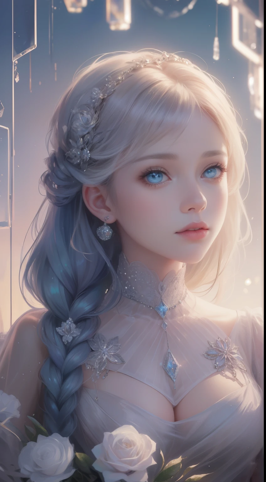 (best quality,masterpiece:1.2),18-year-old noble girl's beautiful portrait,classic braided hair,bright and clear eyes,flower arrangement craft,crystal jewelry,ultra-fine details,soft lighting,portrait style,vibrant colors