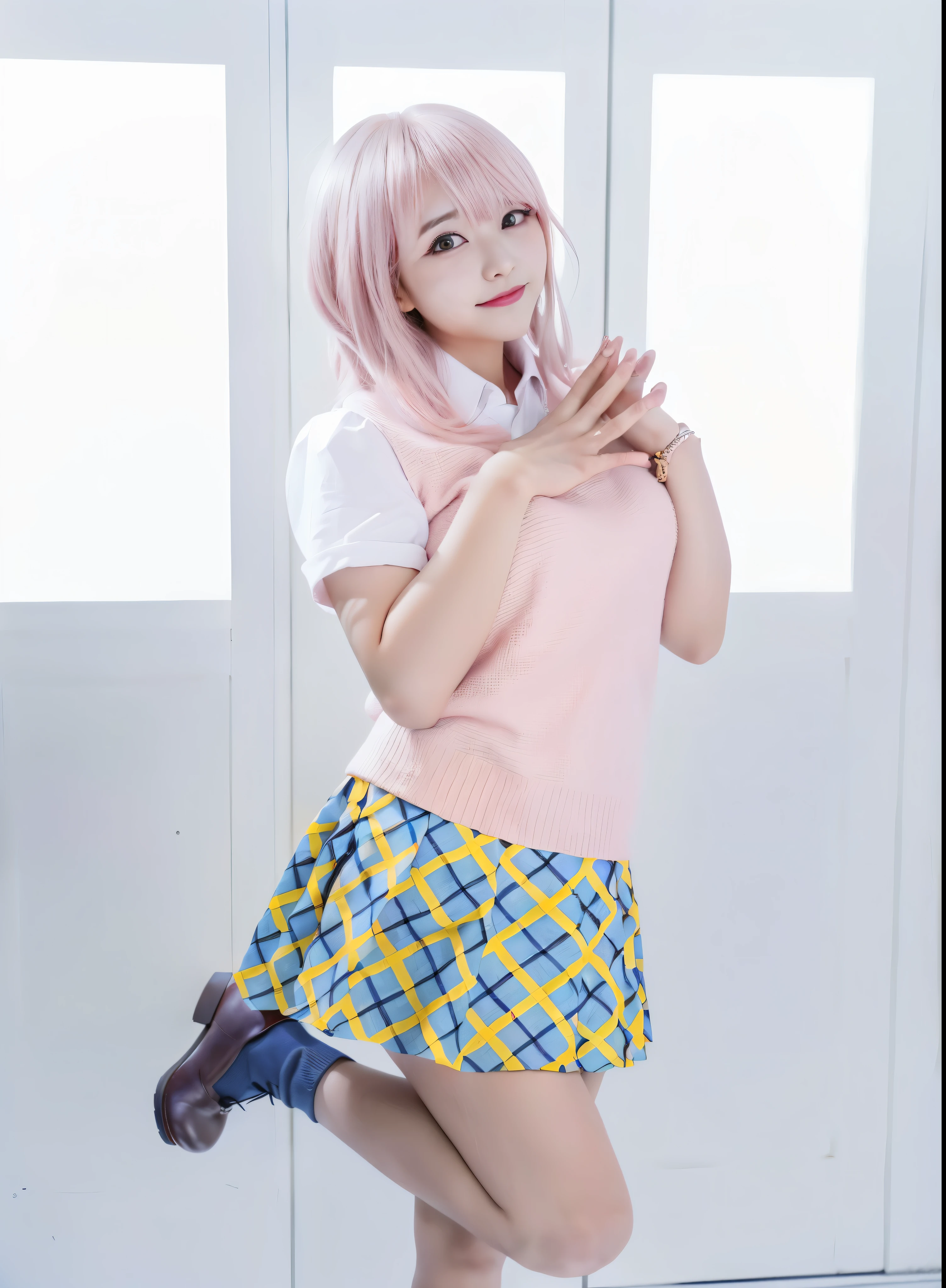 Alphafie woman posing in pink sweater and plaid skirt, haruno sakura, anime girl cosplay, Ayaka Cosplay, lena name year style 3/4, anime cosplay, Sakura Haruno, nyaruko-san, betty cooper, chiaki nanami from danganronpa, yayoi kasuma, portrait of a leol-like woman