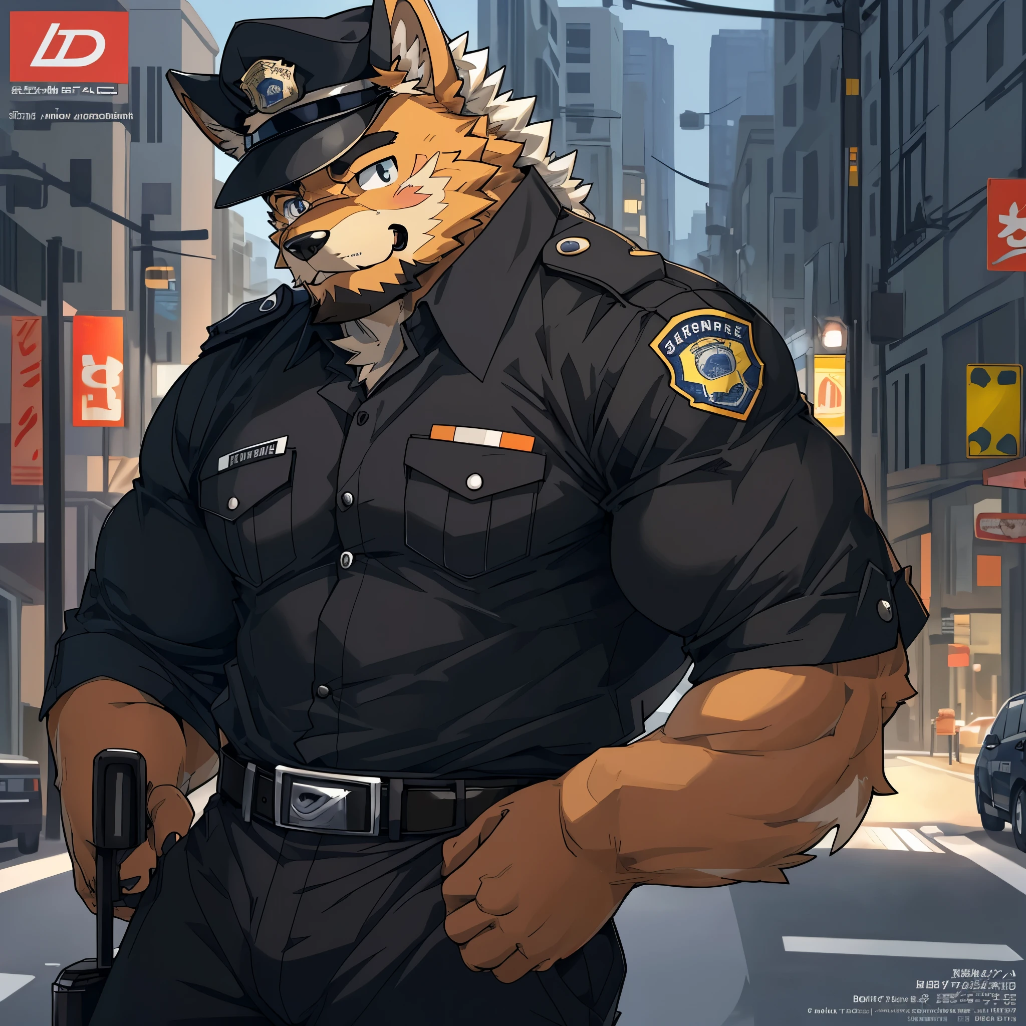 top quality, best quality, super high resolution, detailed background, magazine cover(highly detailed beautiful face and eyes)absurdres, perfect anatomy((angelic nice 1boy, kemono, solo focus, muscle man, beard))(((furry)))(furry anthro:1.7)((((Furry body, dog facial features, dog body features))))((very detailed body fur))full body(dignified)police officer, SWAT, street, muscle, facial hair, volumetric lighting, depth of field, gasping for air, raised crotch, black clothes, ((black police uniform)) shirt,