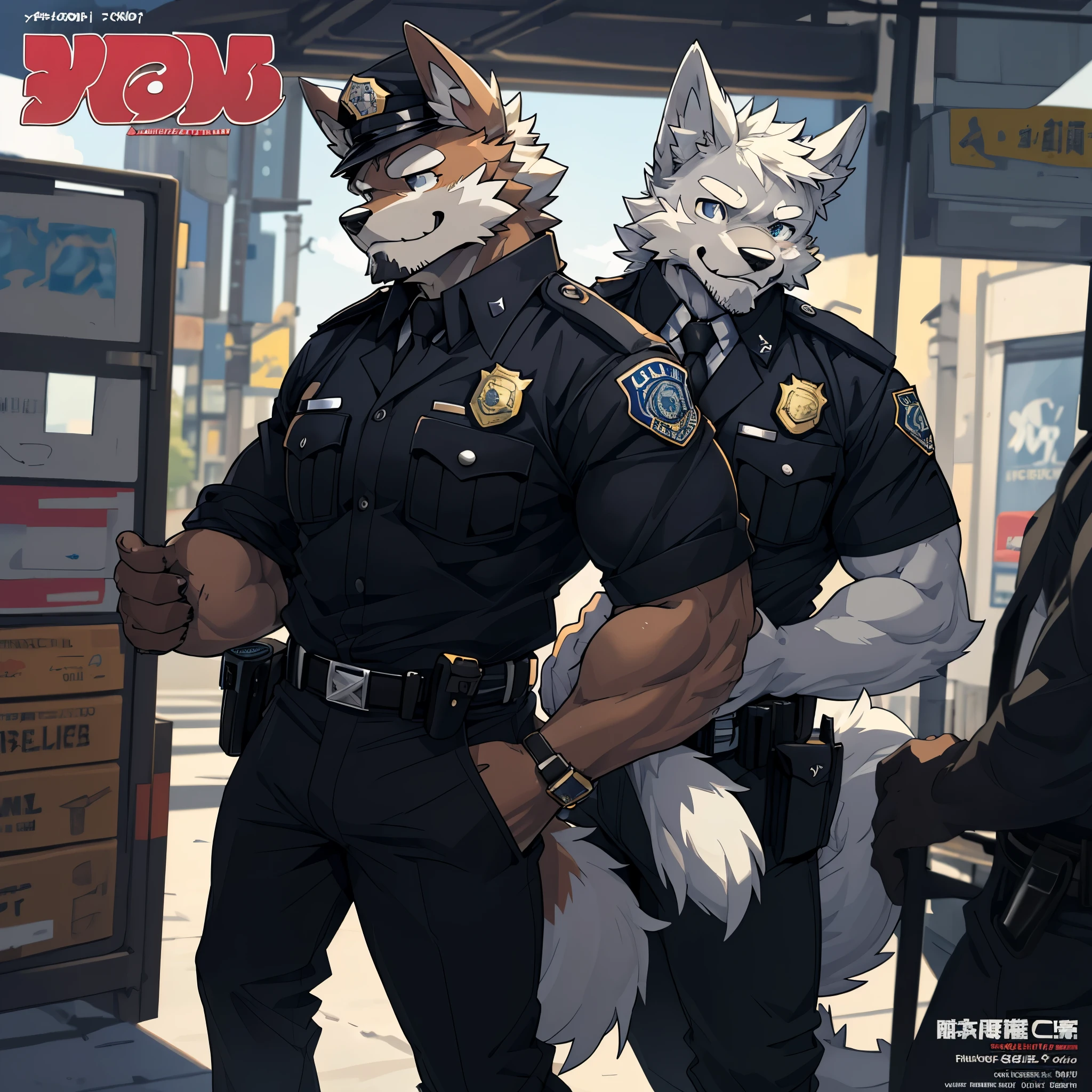 top quality, best quality, super high resolution, detailed background, magazine cover(highly detailed beautiful face and eyes)absurdres, perfect anatomy((angelic nice 1boy, kemono, solo focus, muscle man, beard))(((furry)))(furry anthro:1.7)((((Furry body, dog facial features, dog body features))))((very detailed body fur))full body(dignified)police officer, SWAT, street, muscle, facial hair, volumetric lighting, depth of field, gasping for air, raised crotch, black clothes, ((black police uniform)) shirt,