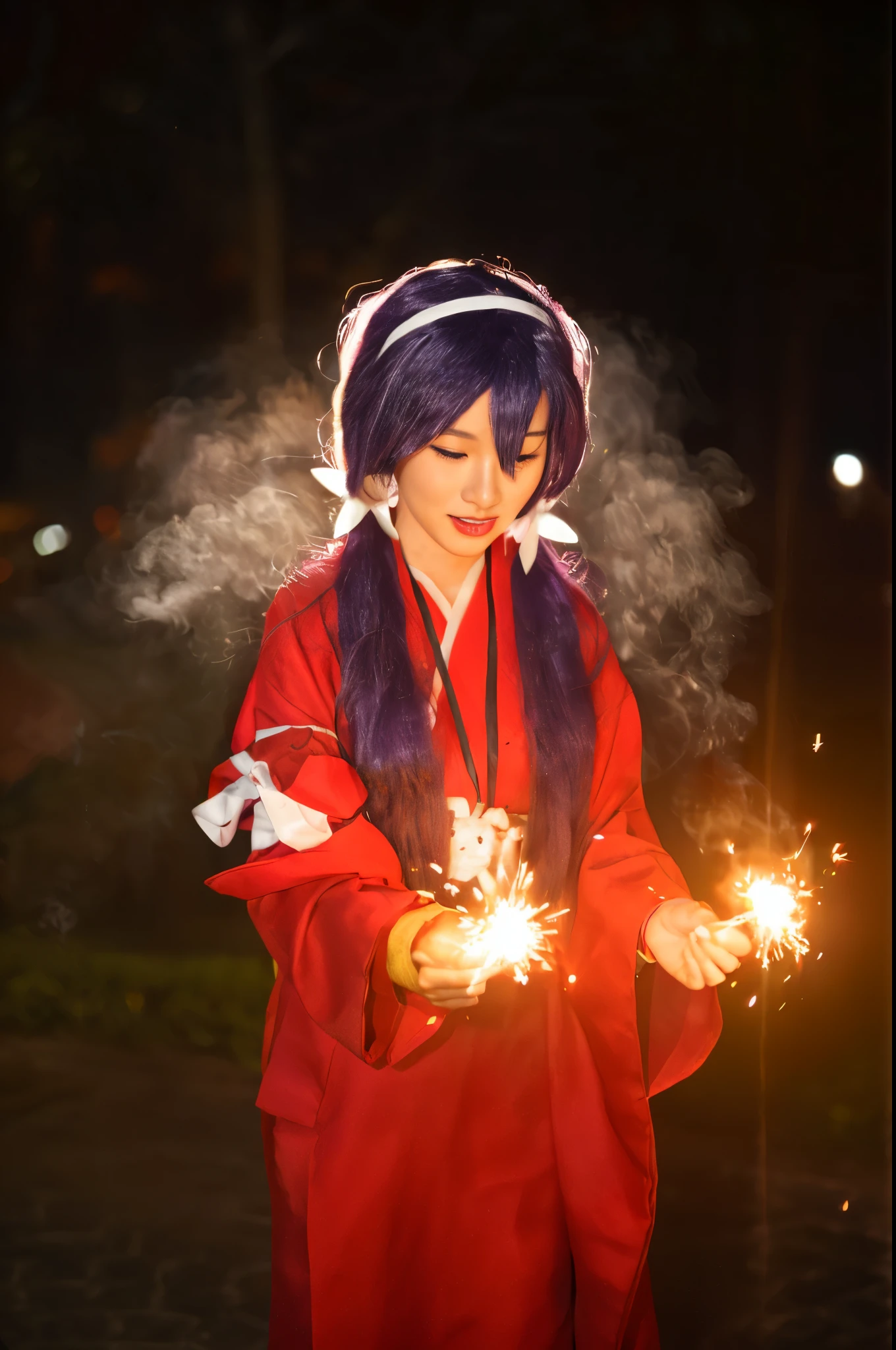 ((Asian girl)), her standing in the park:1.2, there is a woman in a red kimono holding a sparkler, kitsune holding torch, anime girl cosplay, anime cosplay, casting fire spell, fox nobushi, cosplay photo, fire mage, firework, female mage conjuring a spell, fireworks, cosplay, the sorceress casting a fireball, casting a fire spell, fire spell, professional cosplay, 4K, realistic texture, photorealistic, photo, high-quality, ultra quality, super realistic, ((purple hair:1.33)), ((perfect face)), ((perfect eyes)), ((perfect lip)), ((mini smile)), REAL SKIN:2