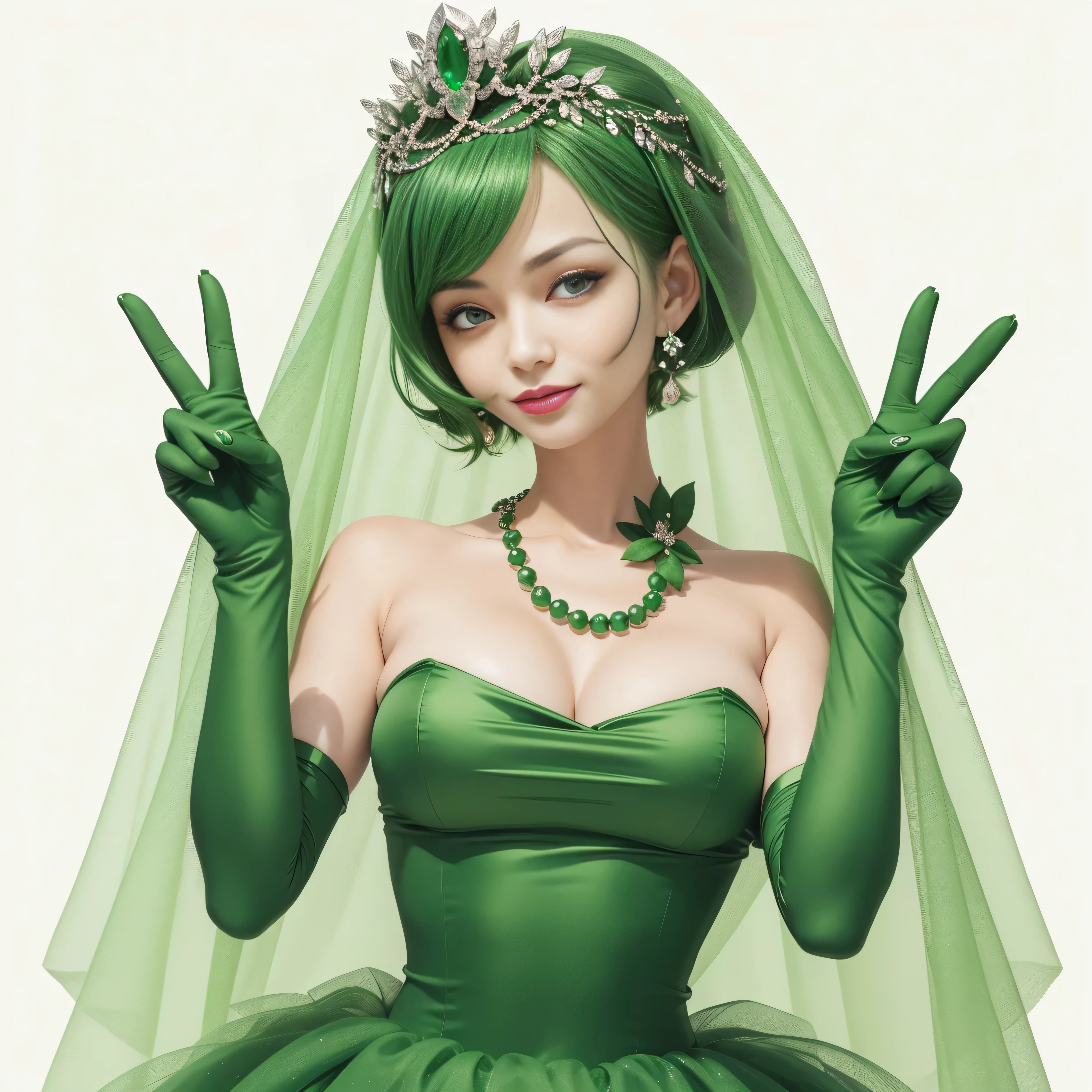 emerald tiara, green pearl necklace, boyish very short green hair, lipstick, smiling Japanese woman, very short hair, big breasts beautiful, green eyes, Long Green Satin Gloves, green eyes, V sign, emerald earrings, green veil, green lip gloss