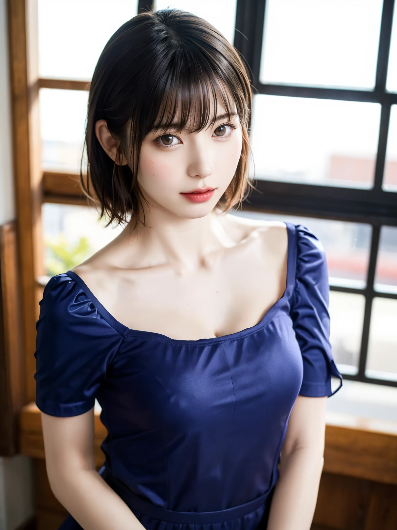 (table top, highest quality、high detail:1.4、very attractive beauty、Adds intense highlights to the eyes、look closely at the camera:1.4、Beautiful woman full of charm、ideal body proportions、perfect anatomy、brunette short bob hair、shiny hair、bangs:2、光沢のあるbangs:2、lip gloss),1 girl, Report, light brown shiny hair, scarf,realistic, looking at the viewer、Please tilt your head slightly, bright colored crystal light blue eyes, short and shiny hair、 chest中央に穴の開いた白いタートルネックの衣装,chestの真ん中に丸い穴のあるセクシーな白いタートルネック ニット セーター、 lips, lip gloss, Upper body、Big eyes、eyelash、face is a little red、embarrassing)、((italian road in winter))、((short hair with Big eyess、Give students very powerful highlights、{Huge|big|Hugeな|mega} chest:2、very bigger chest:2、look at the audience、very beautiful beauty、show me your ears、long neck、smile a little、beautiful teeth、open your mouth and smile、heart shaped eyes))、28 years old、very cute super model、portrait:2、close your face:2