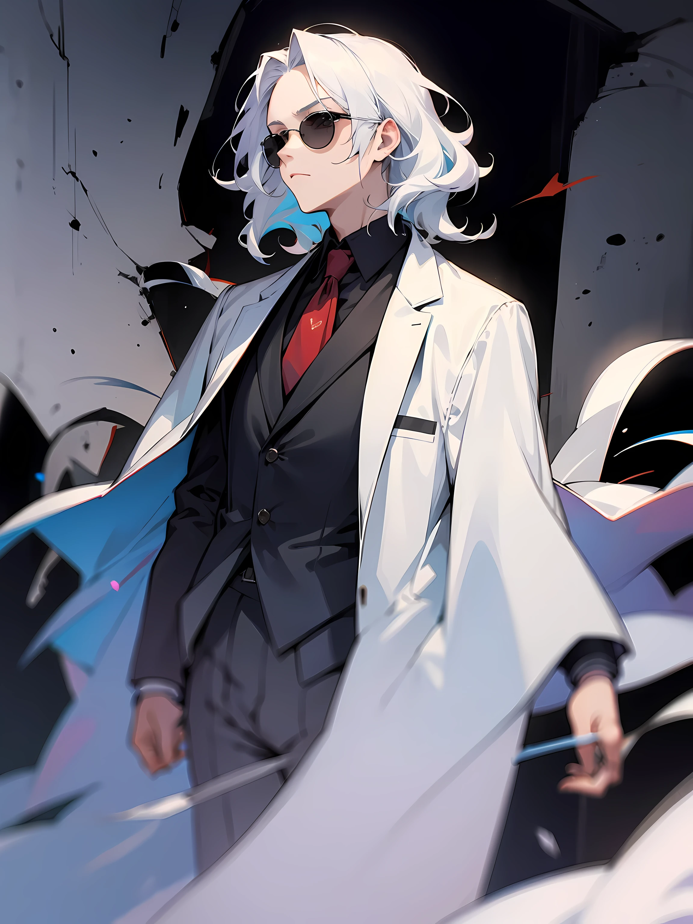 1male, white hair, wavy hair, straight hair, medium hair, red circular sunglasses, suit, pale skin, apathetic expression, haunted manor