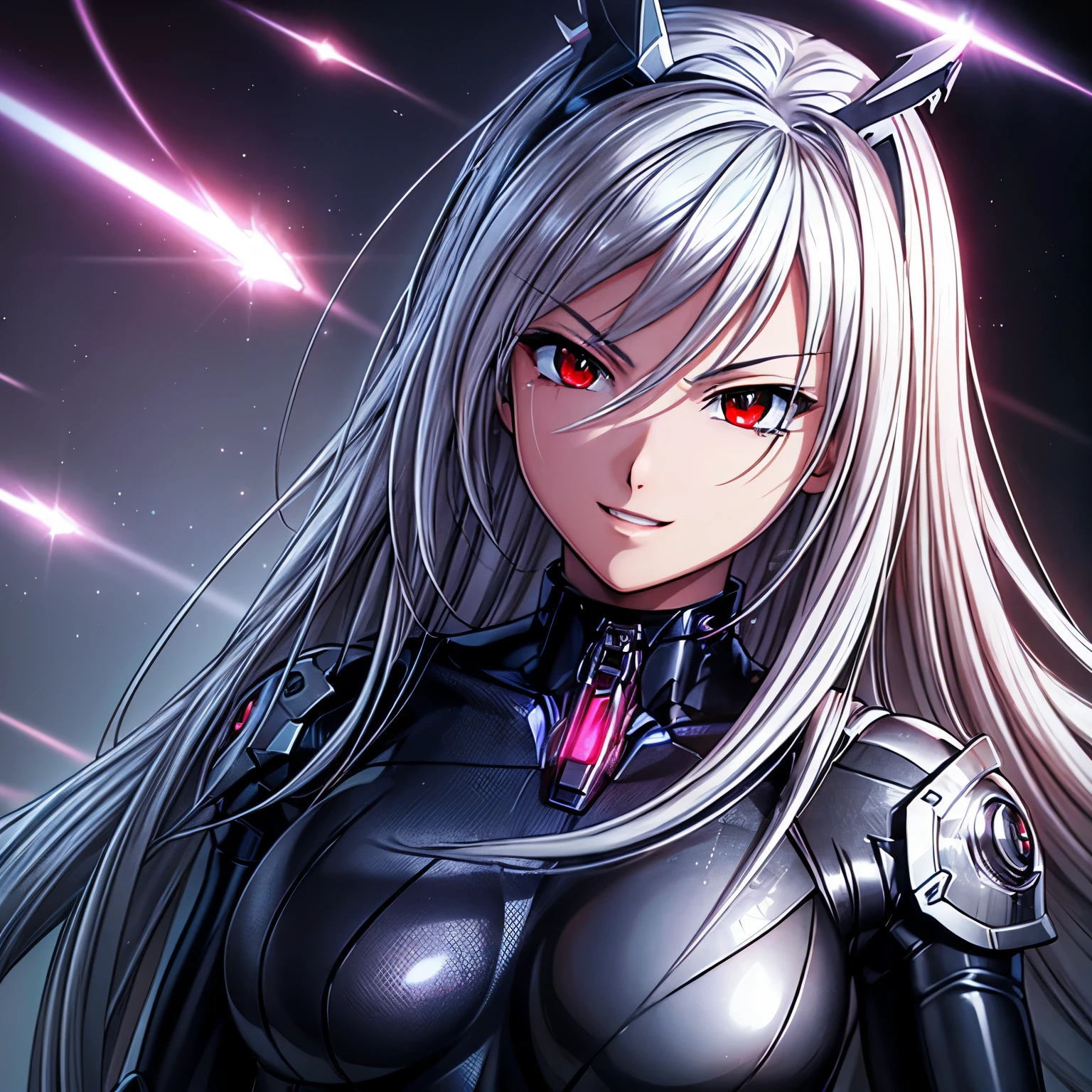 top-quality、masterpiece、超A high resolution、(Photorealsitic:1.4)、1人、silver hair、Straight hair, shiny and clean hair、White shiny skin、Sexy Cyberpunk Girl、((super realistic details))、Shadow、octan render、ultrasharp、hyperdetailed face、Fiberglass、Luminous tube、highly intricate detail、Realistic light、CGSoation Trends、(red eyes with slit pupils)、(Facing the camera)、neon details、Mechanical limbs、Mechanical vertebrae attached to the back、mechanical cervical attaching to neck、Wires and cables connecting to the head、((valkyrie))、((Beam Cannon))、Combat stance、((seductive pose:0.8))、(light_Smile:1.0)、full body、