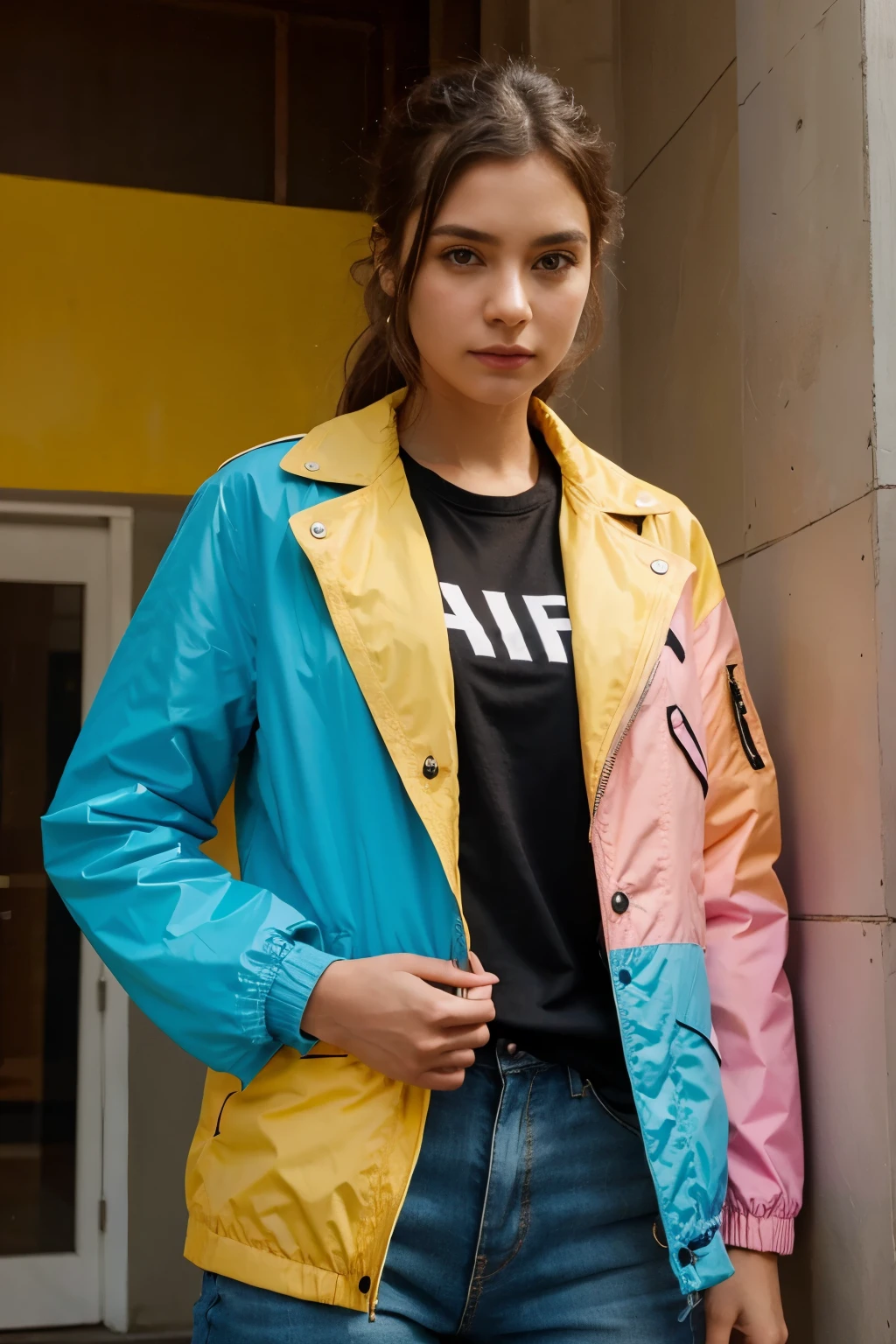 create an image of jacket that contains colour like yellow, Blue and pink and give of images of both front side and front side