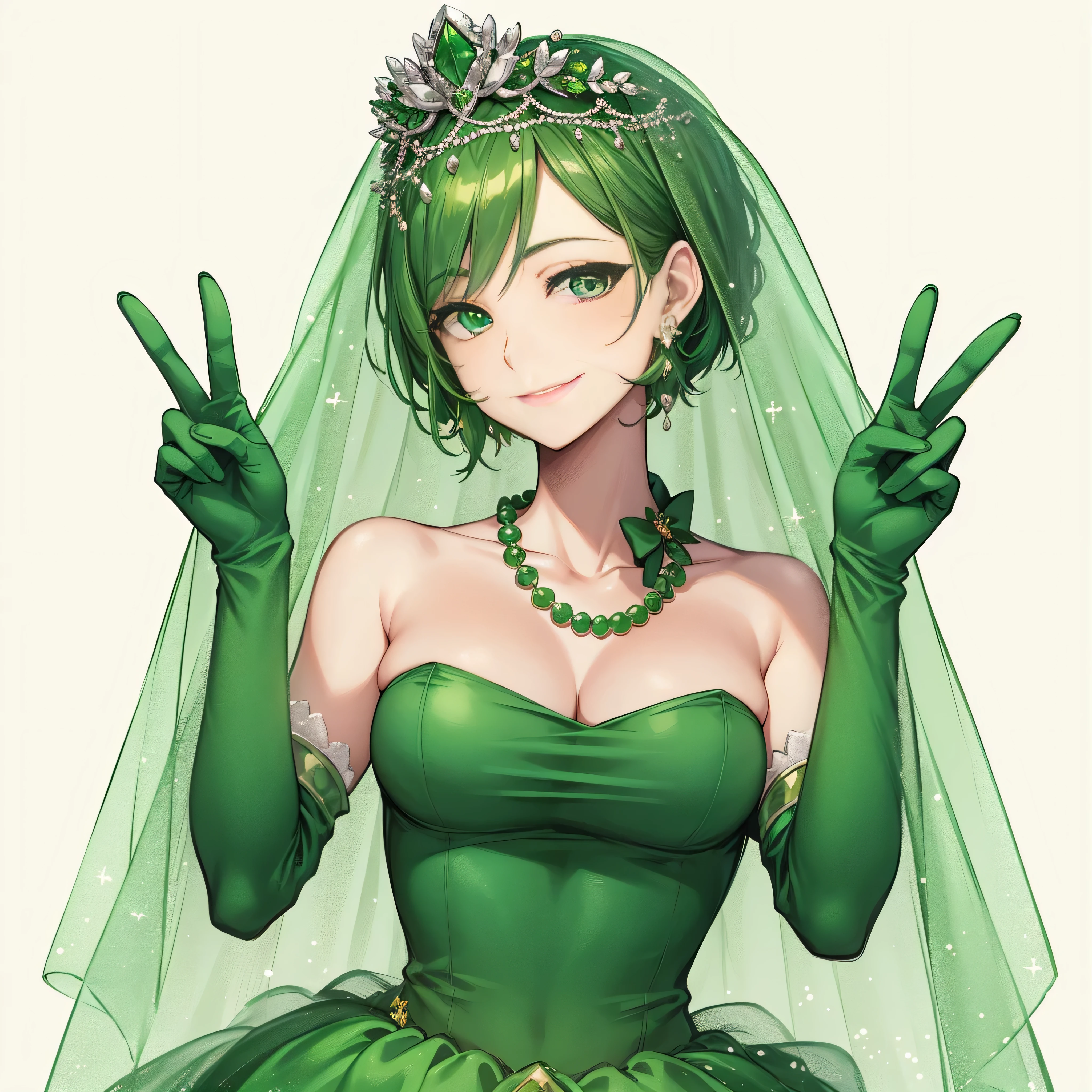 emerald tiara, green pearl necklace, boyish very short green hair, lipstick, smiling Japanese woman, very short hair, big breasts beautiful, green eyes, Long Green Satin Gloves, green eyes, V sign, emerald earrings, green veil, green lip gloss