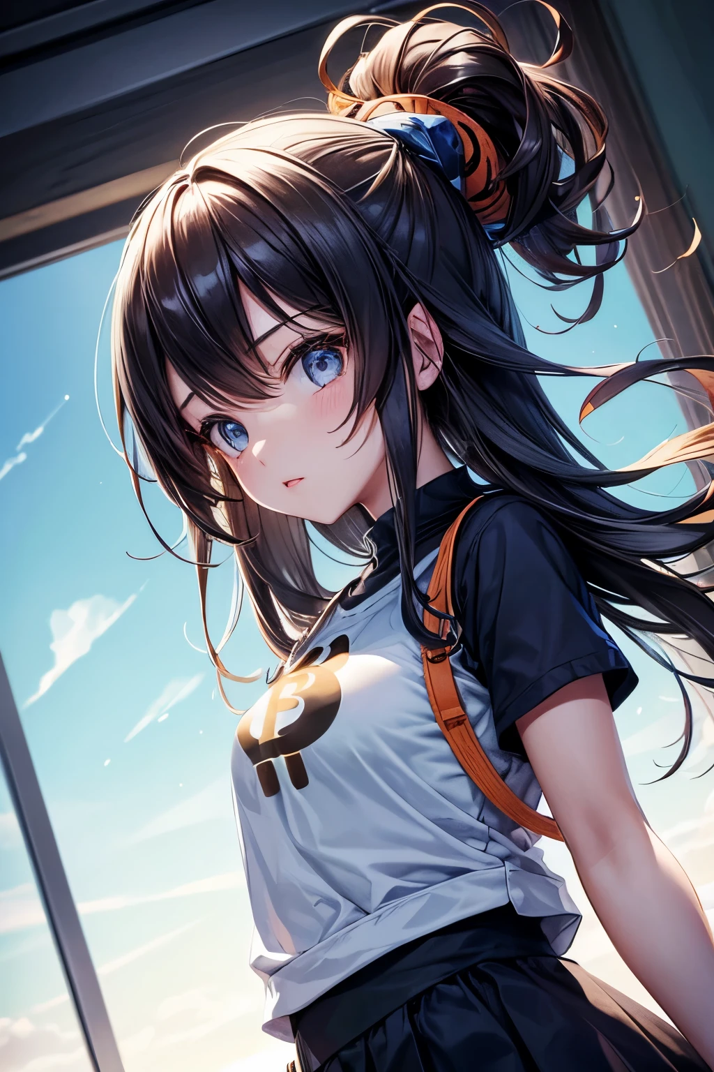 A girl wearing clothes with the Bitcoin logo as a motif